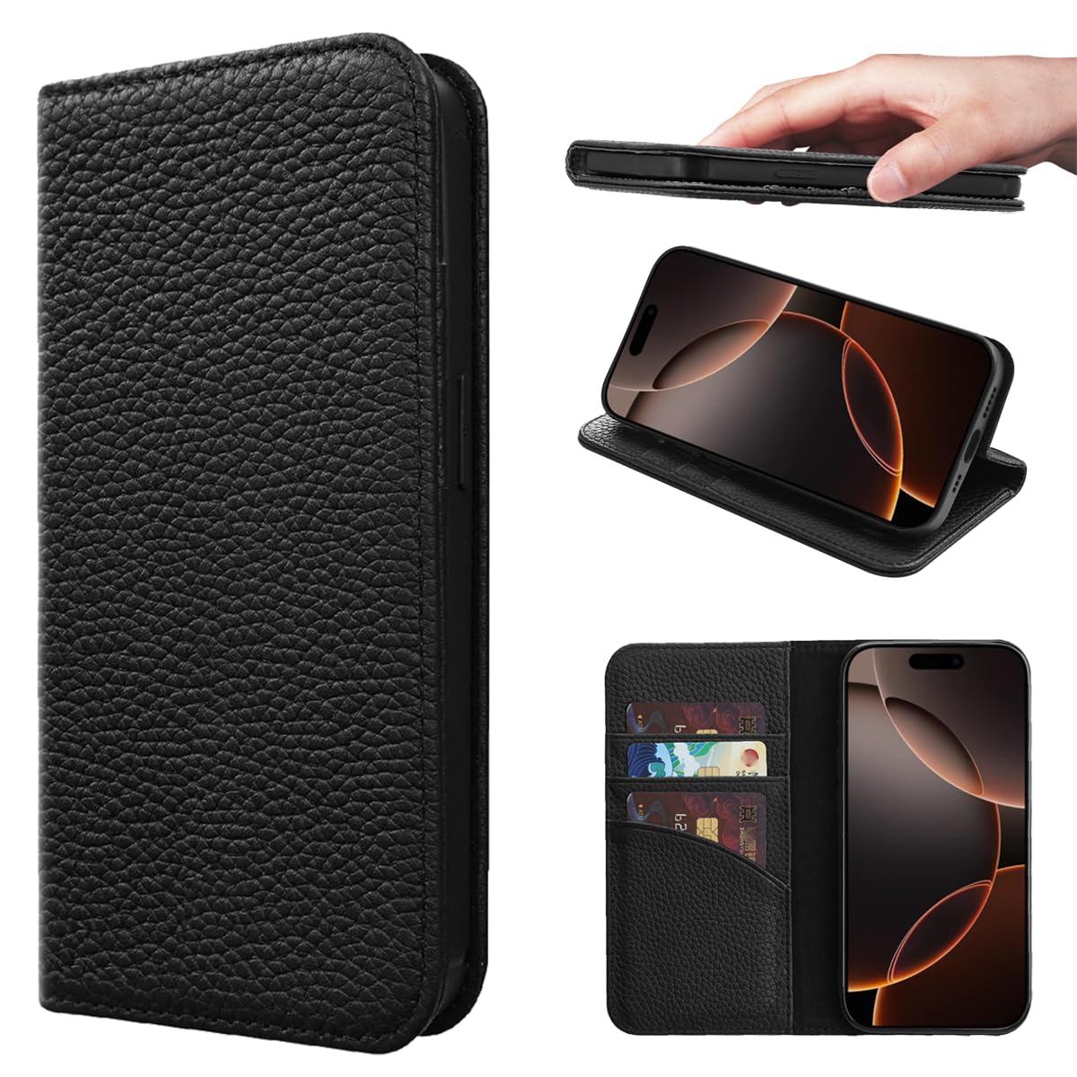 NanHou iPhone 16 Pro Max ケース 本革 手帳型 カバー 耐衝撃 保護 カバー 本革 内蔵マグネッ RFIDト 財布型 携帯カバー カードポケット スタンド機能 - ブラック