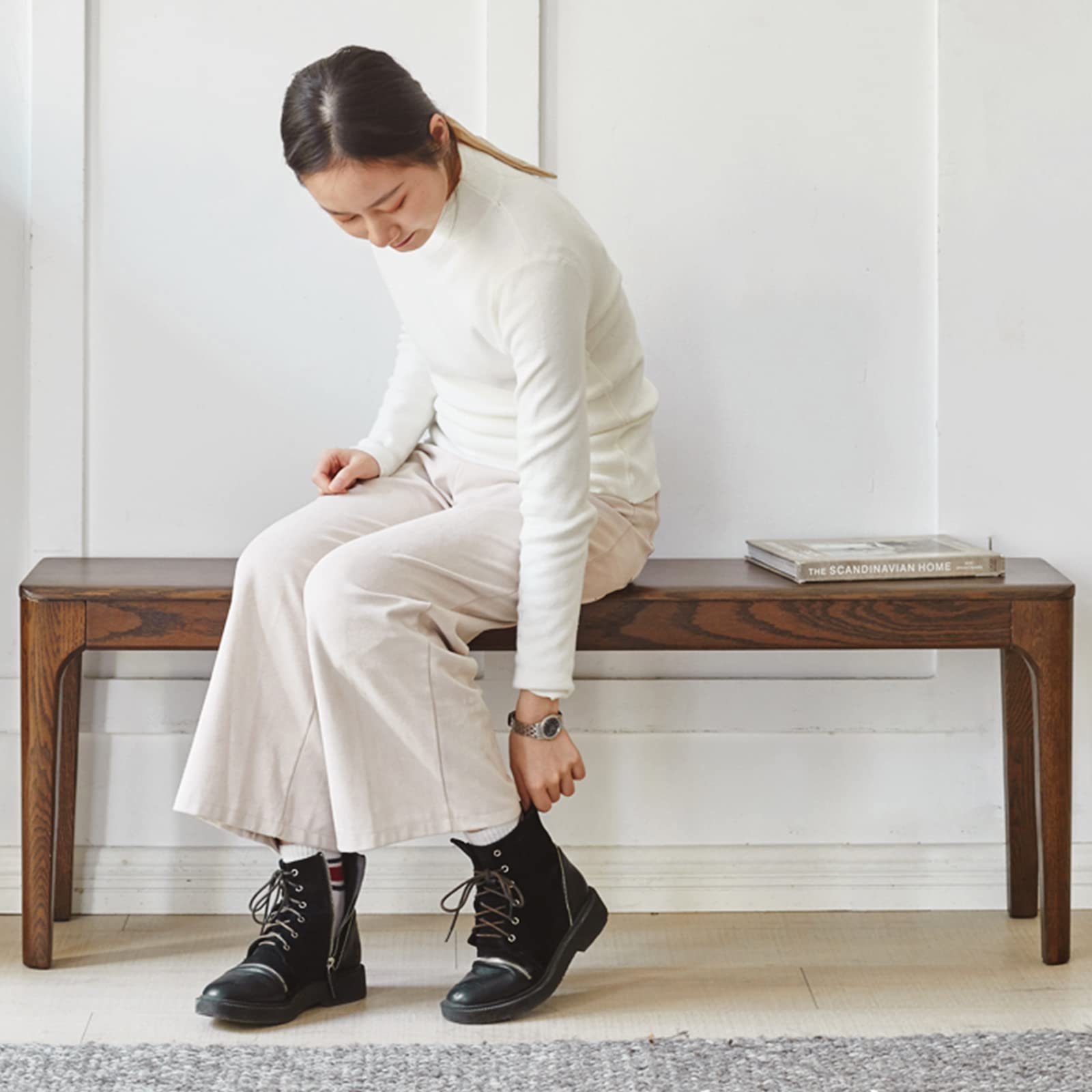 MU RONG ダイニングベンチ アメリカオークウッド 幅120cm 木製 ベンチ エントランスベンチ 二人かけ 長..