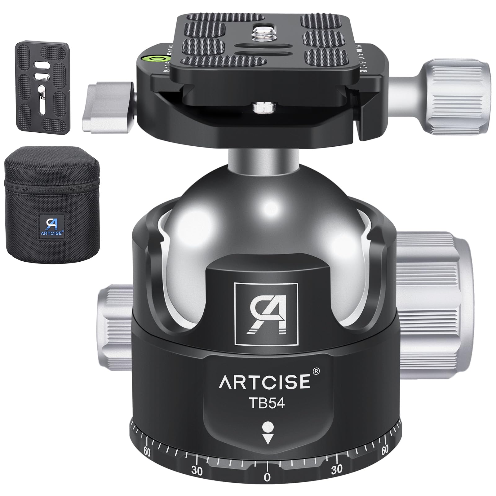 ARTCISE 54mm ボール低重心雲台 360度回転 パノラマ撮影 三脚ヘッド CNC精密加工 アルミ アルカスイス互換 クイックシュー 自由雲台 一眼レフ DSLR ビデオカメラ用 最大耐荷重 35キロ