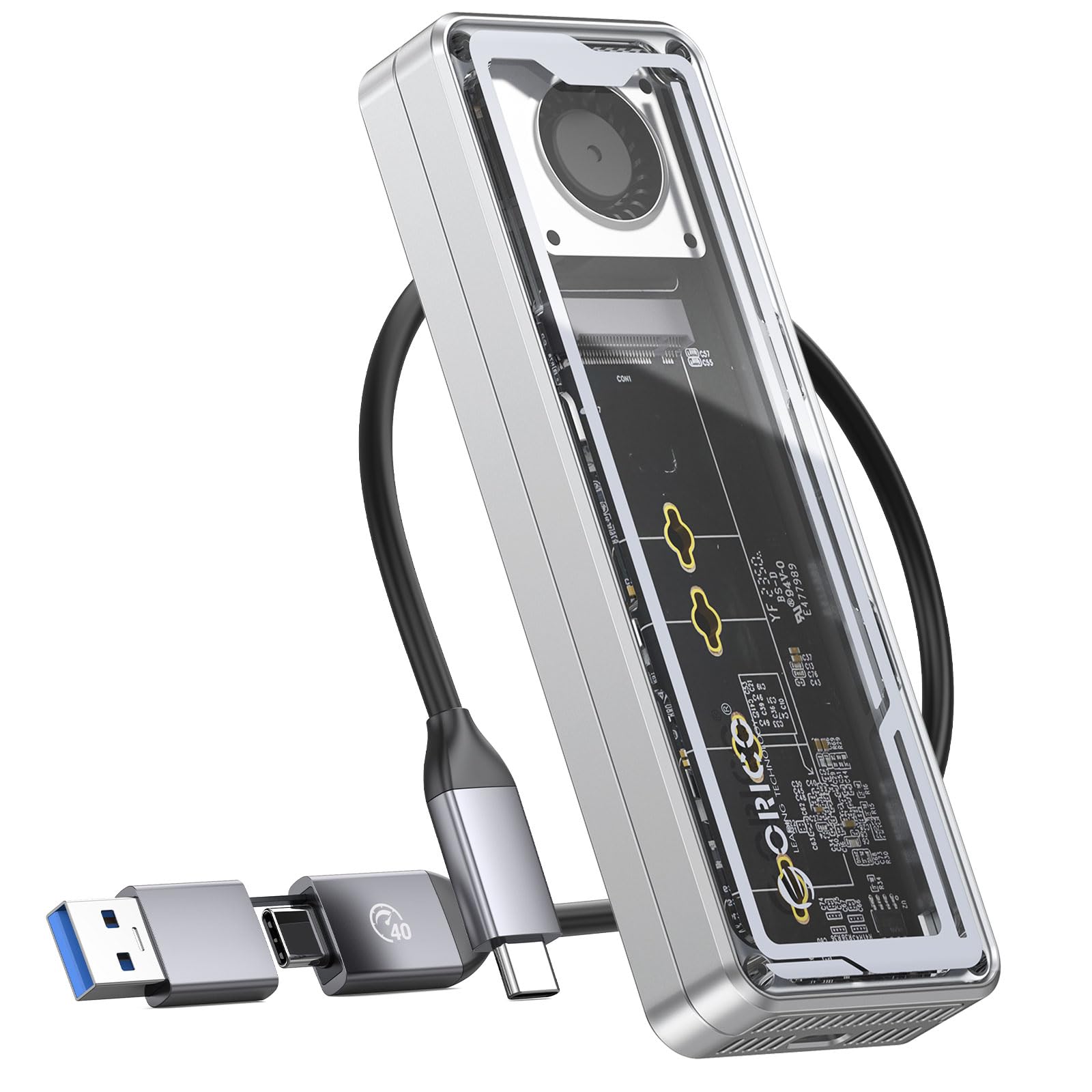 ORICO M.2 SSD 外付けケース【USB4 40Gbps超高速】工具不要 NVMe SSD ケース内蔵冷却ファン付き Thunderbolt 4/3 USB 4/3.2/3.1対応 2230/2242/2260/2280(M Key)対応 アルミ