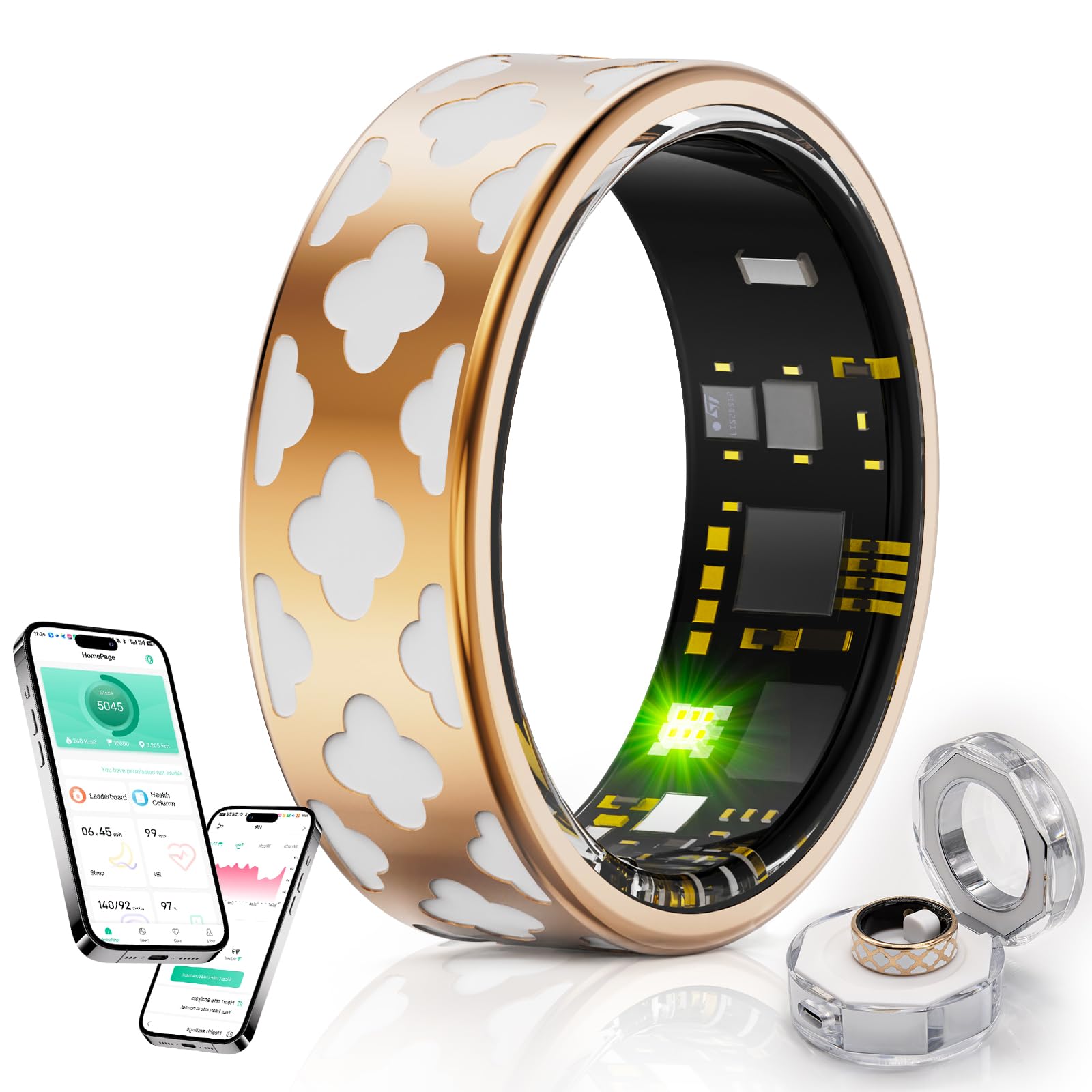 楽天湖南オンラインスマートリング 健康管理 【2025年新登場 】睡眠検測 活動量計 歩数計 カロリー 運動距離 IP68防水 遠隔撮影 軽量 長持ちバッテリー 充電ケース付き 日本語説明書 IOS/Android対応 （ローズゴールド（透明な充電ケース）, 8# 内周（5
