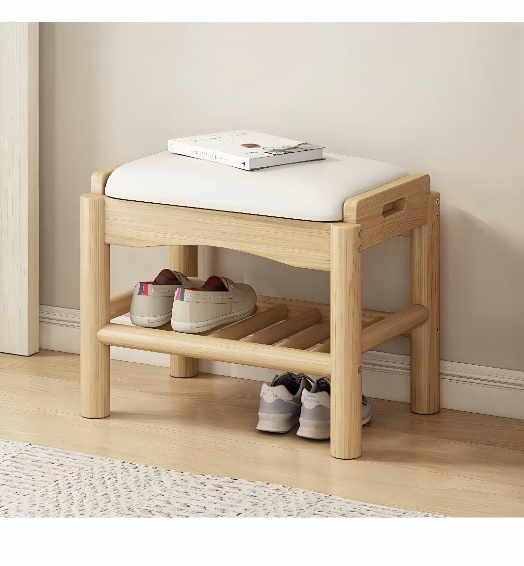 楽天湖南オンラインPANCY 玄関ベンチ 木製 無垢材 北欧 幅45cm 天然木 シューズラック 収納ベンチ 玄関椅子 玄関スツール シューズボックス 靴収納 雑貨 家具 （ウッドカラー、45x30x40cm）