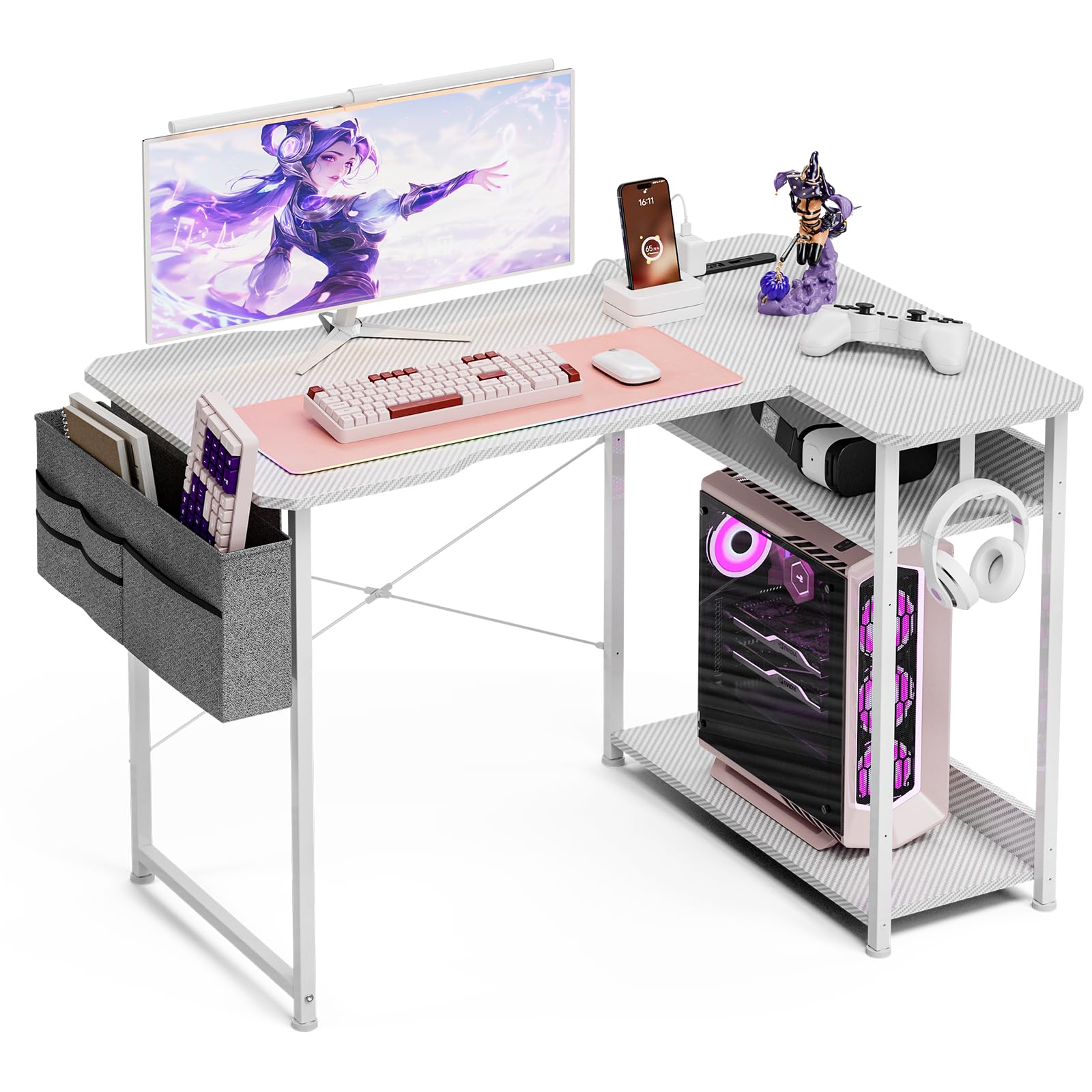 Acrolix ゲーミングデスク L字 左右入替OK 収納バッグ付き コンセント付き ホワイトカーボン調天板 奥..