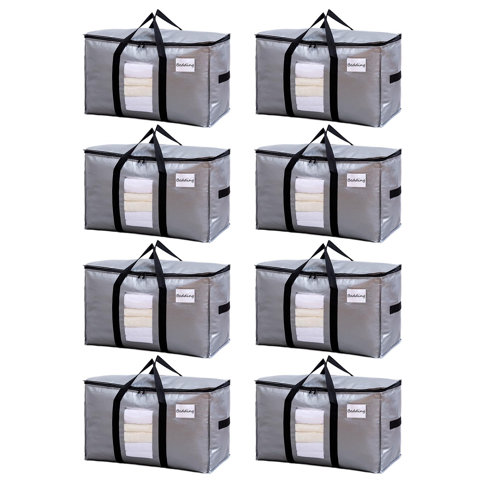 TAILI 大きいバッグ 布団収納袋 引越しバッグ 収納ケース 特大容量 透明窓 持ち手付き 衣装ケース 洋服 羽毛布団 防塵防水 折りたたみ式 カバン 省スペース 引っ越し 背負える キャンプ 旅行 耐荷重 銀色 8個セット 100L