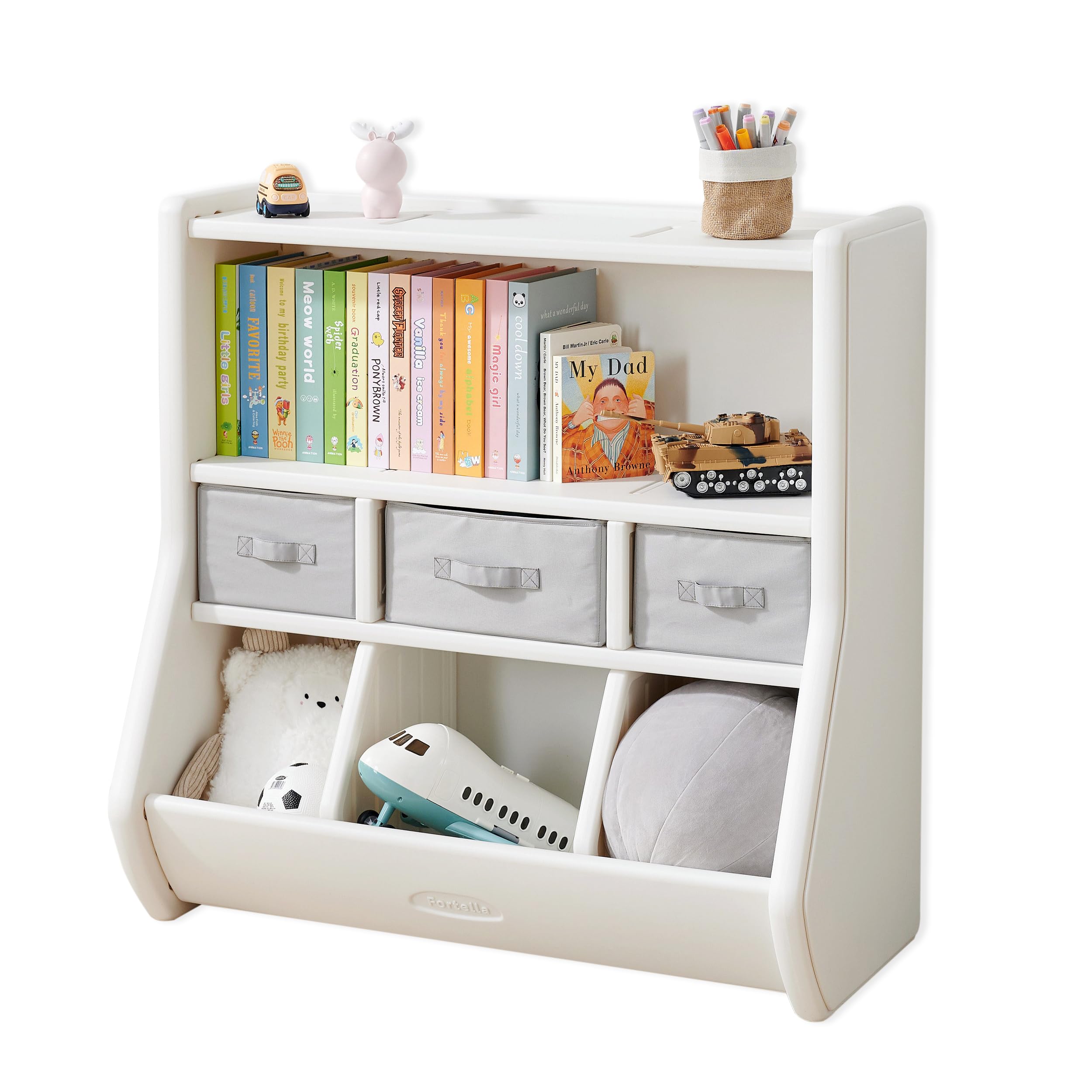 Fortella おもちゃ箱 本棚付き おもちゃ 収納 大容量 絵本棚 ラック 組み立て式 幅90x奥行43x高さ90cm