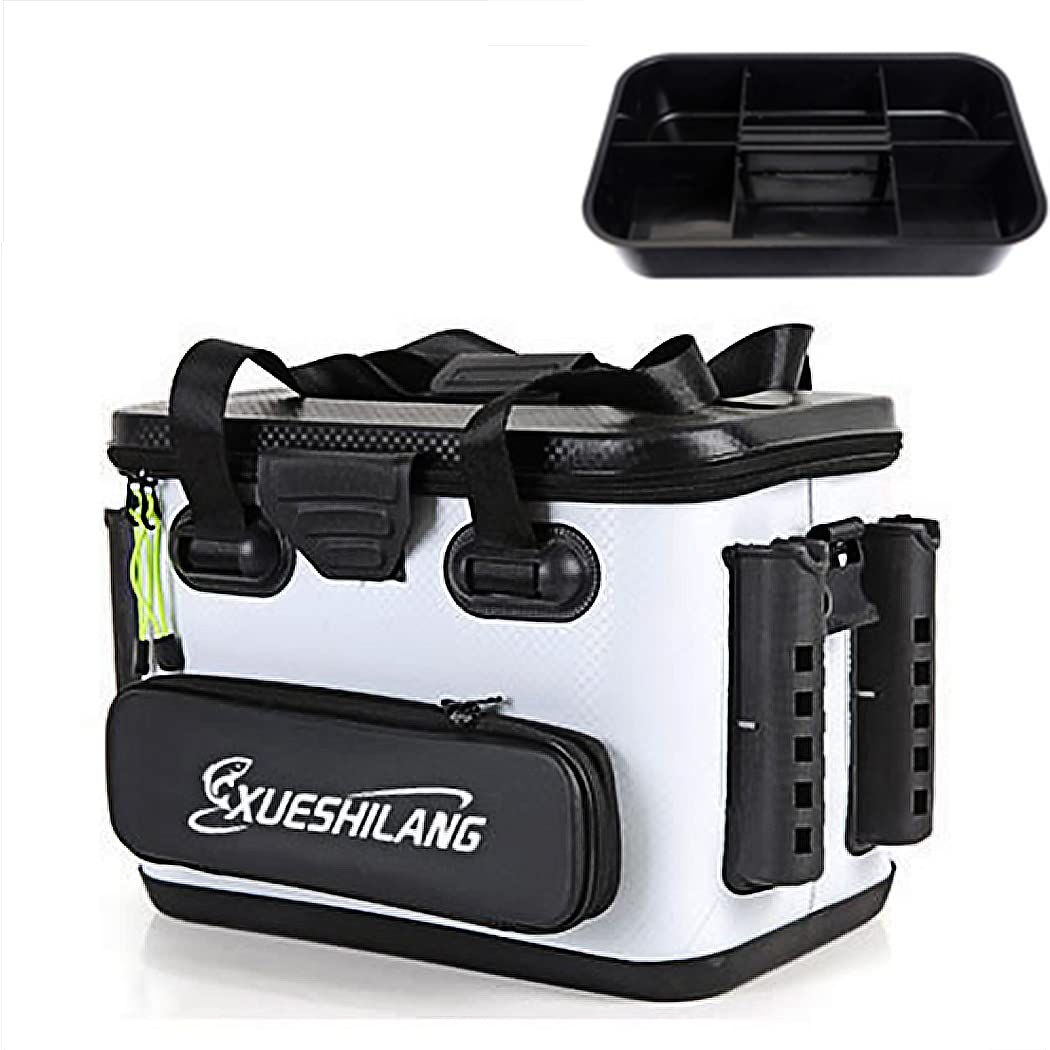 タックルボックス ロッドホルダー付き タックルバック 釣りバッカン 竿受け 収納コンテナ付き プライヤーホルダー付き EVA 釣りボックス 釣りバケツ ルアーボックス 多機能 釣り 大容量 (白M 40cm)
