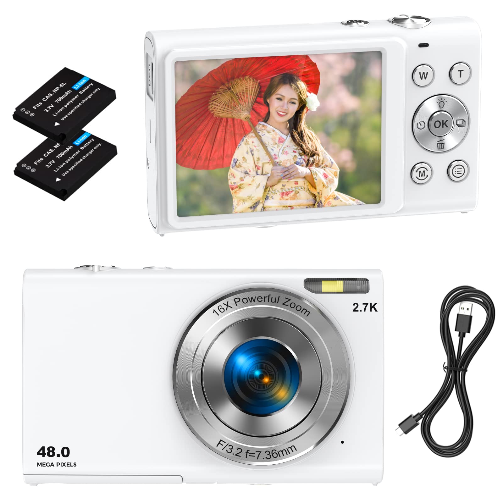 STUOGYUM デジタルカメラ 2.7K オートフォーカス デジカメ 4800万画素 FHD1520P録画 700mAhバッテリー2個搭載 16倍ズーム ウェブカメラ 手ぶれ補正 顔検出 スマイルキャプチャー 連続撮影 自撮り 2.88インチIPSスクリ