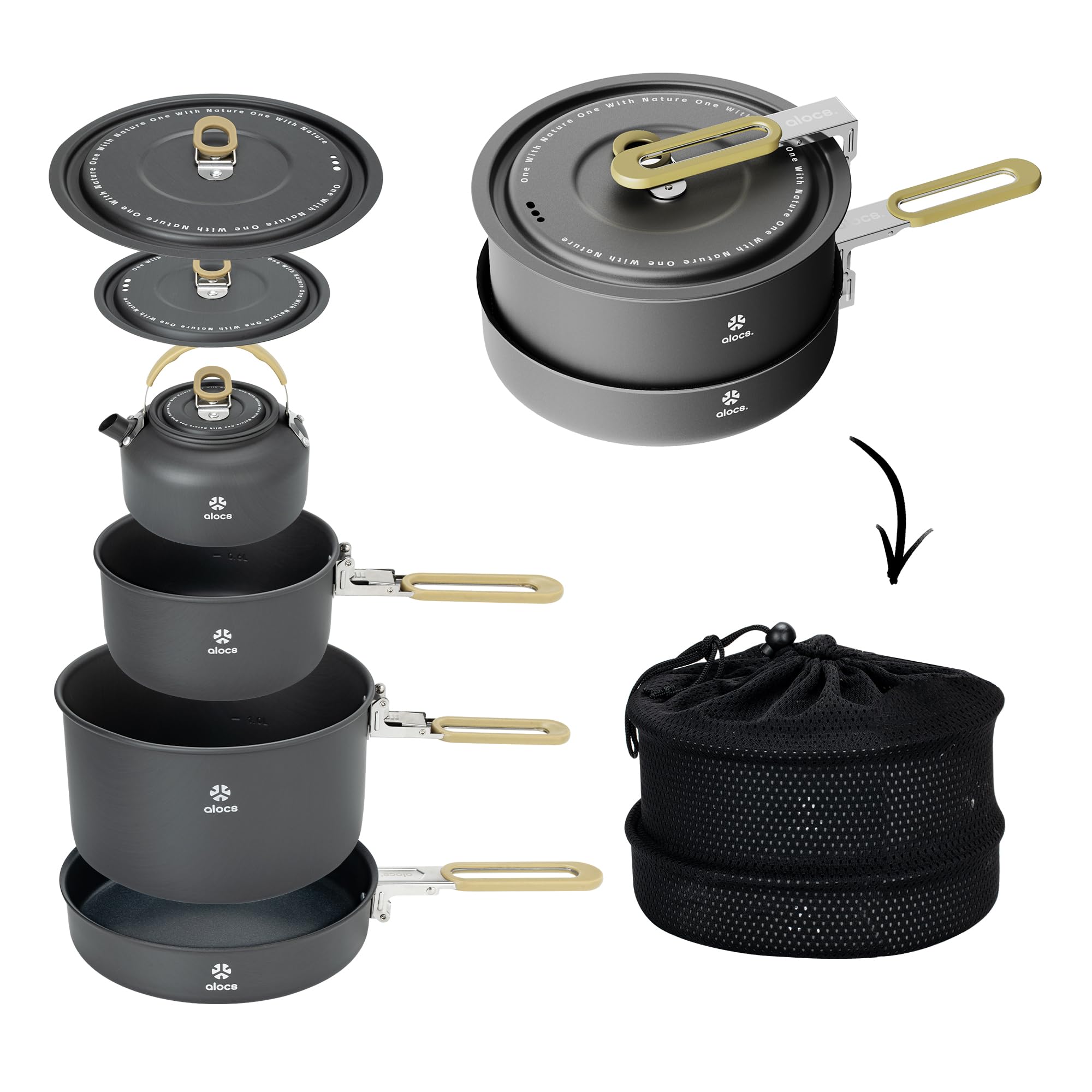 乐天商城 - Alocs 4pcs キャンプ用調理器具 折り畳み式キャンプ 鍋 アウトドア ケトル 登山用品 アルミクッカー 軽量クッカーセット 収納袋付き 2-4人に適応