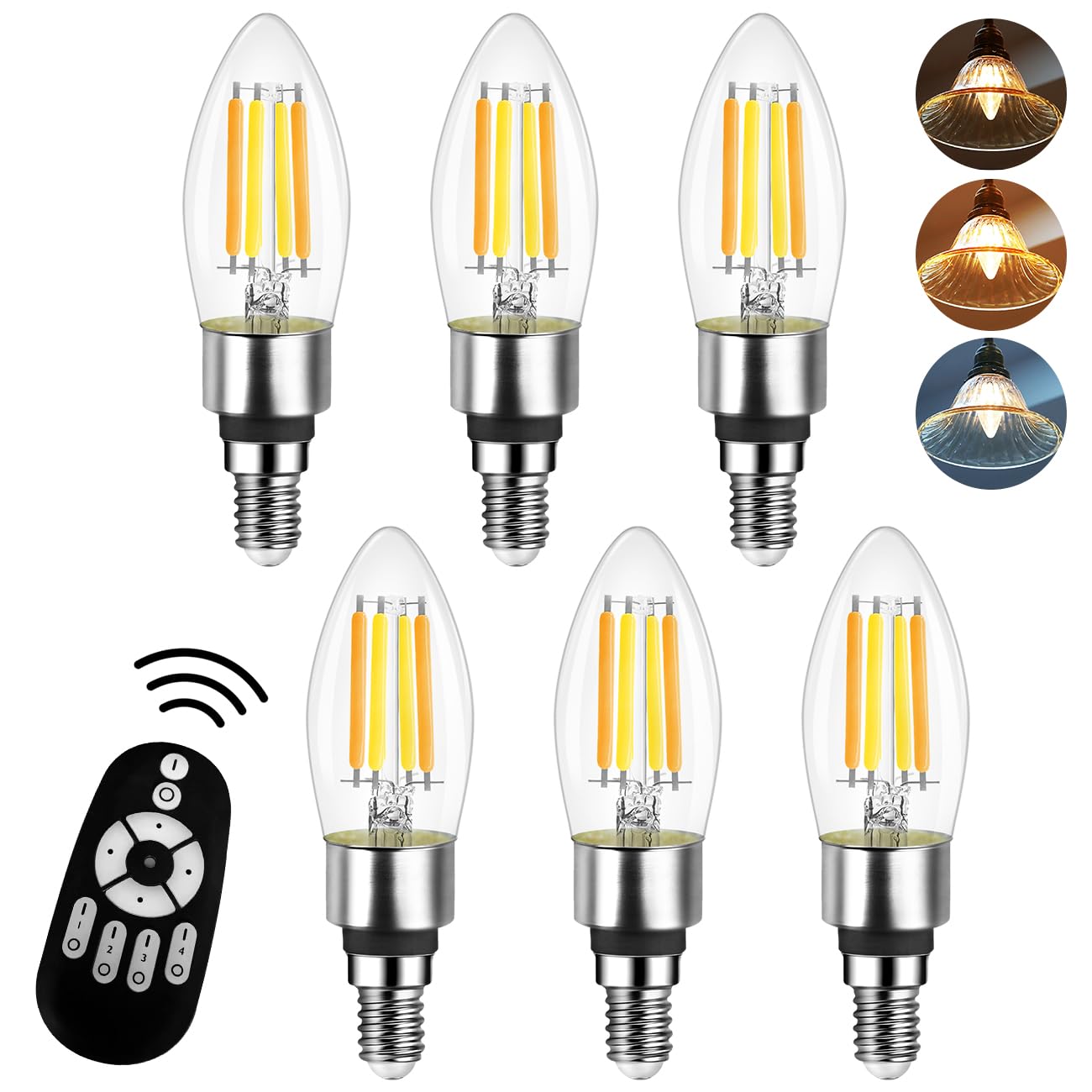 LVWIT シャンデリア電球 E12口金 LED電球 フィラメント電球 50W形相当 600LM 調光 調色 リモコン付き LEDランプ 消費電力4.5W 遠隔操作 昼光色 昼白色 電球色 常夜灯 広配光タイプ 90%省エネ 雰囲気 6個セット（電池別売）