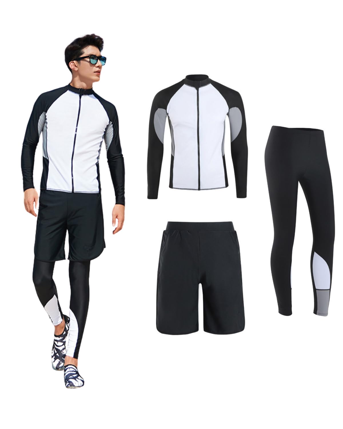 [xulee] ラッシュガード メンズ 水着 長袖 前開き サーフパンツ レギンス 3点セット ジップ アップ スイミング サーフパンツ レギンス ビーチ 水泳パンツ 温泉 通気性 [UVカット UPF50+・吸汗速乾] フィットネス 水陸両用 2001-