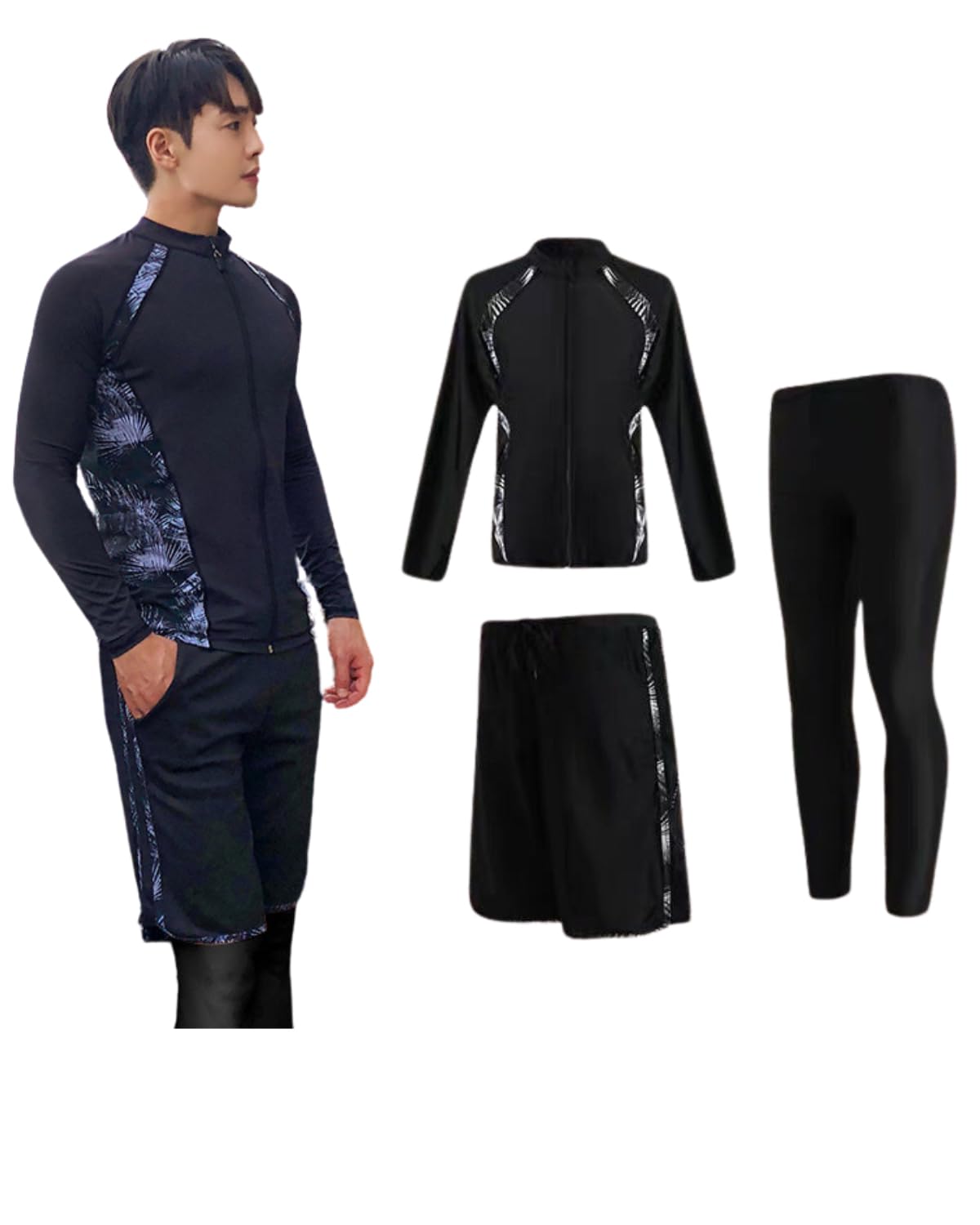 [xulee] ラッシュガード メンズ 水着 長袖 前開き サーフパンツ レギンス 3点セット ジップ アップ スイミング サーフパンツ レギンス ビーチ 水泳パンツ 温泉 通気性 [UVカット UPF50+・吸汗速乾] フィットネス 水陸両用 9827w