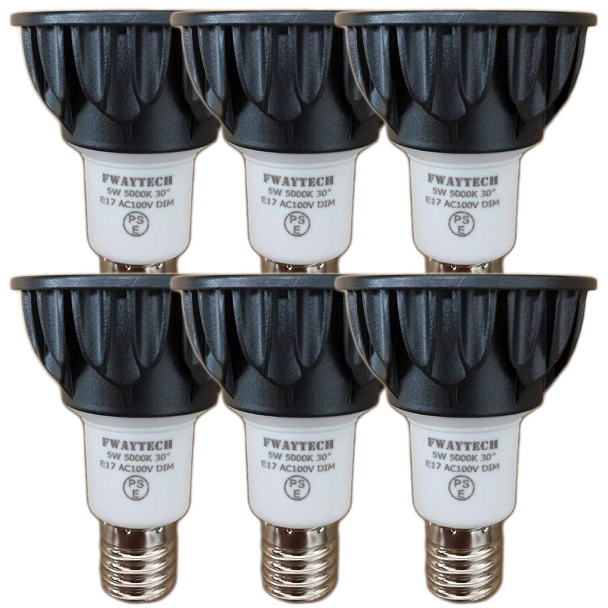 FWAYTECH レフ電球 led E17口金 昼白色5000K 調光器対応 5W ハロゲン電球代替40W・50W相当 中角30度 ダクトレールLEDスポットライト 密閉器具対応 (5000K昼白色相当, E17口金 調光 (本体黒) 6個)