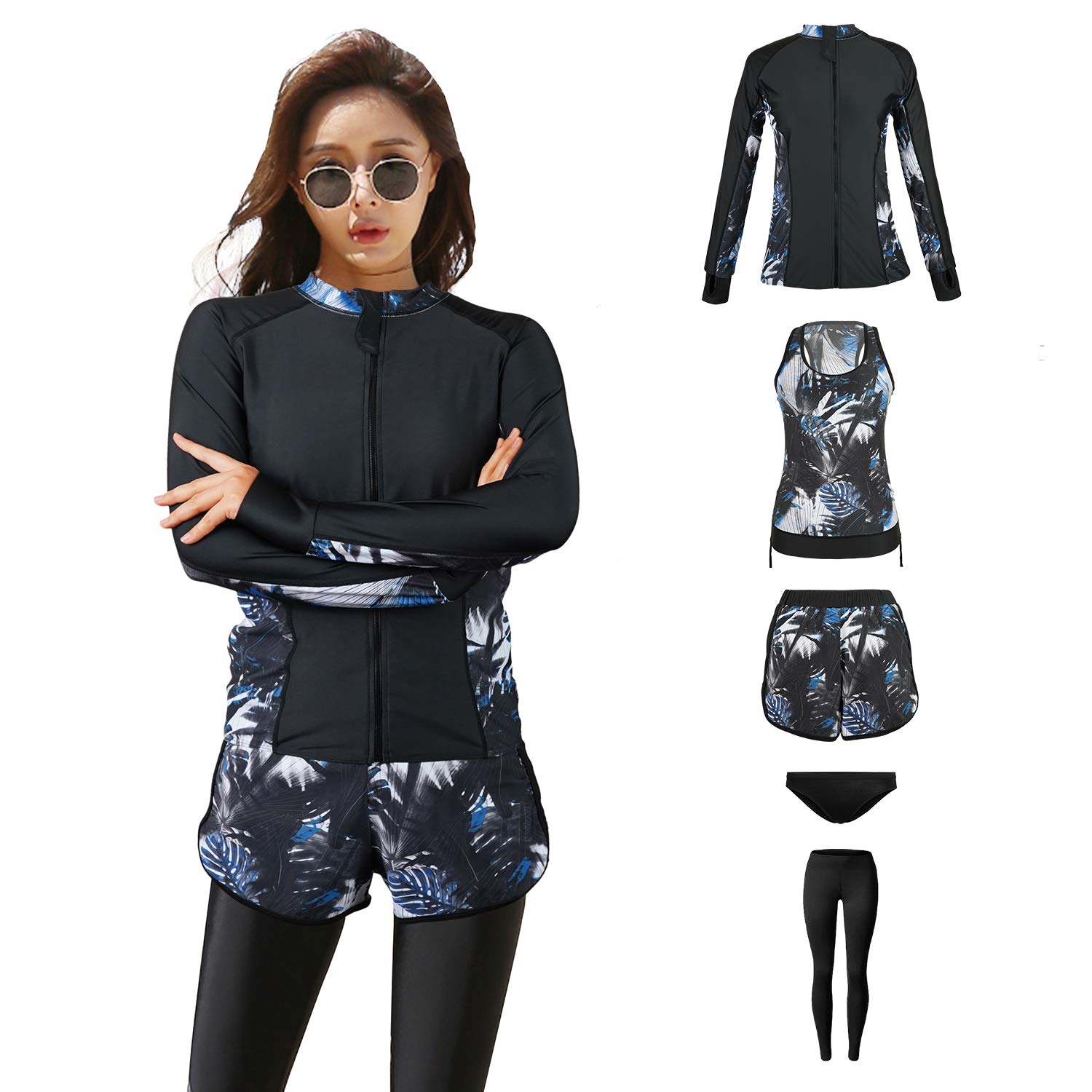 【ARMOTO】水着 レディース 体型カバー タンキニ 5点セット レギンス 長袖 前開き セパレート スイミング パンツ ブラ …