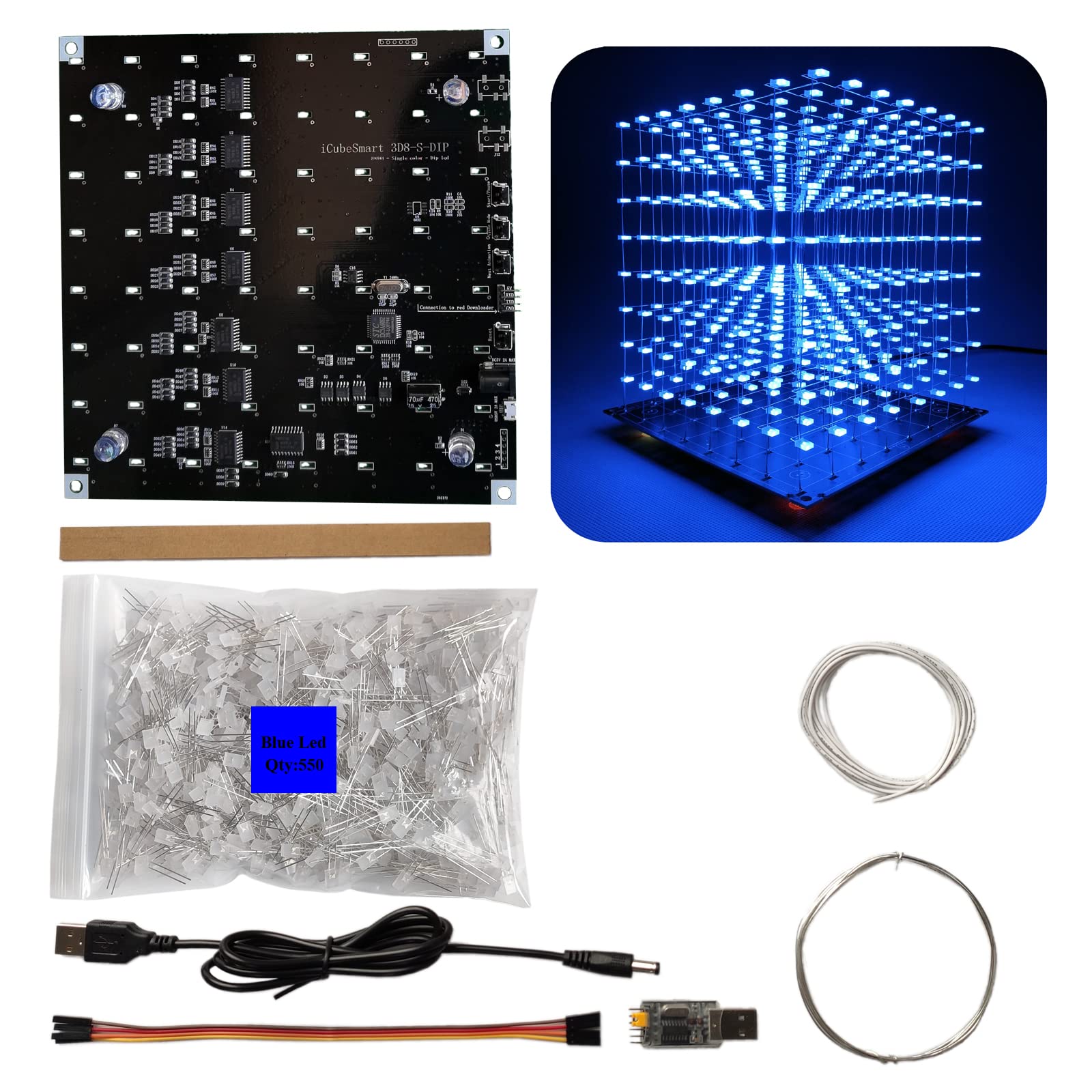 iCubeSmart 3D8 Ledキューブ電子 キット,led 自作 キットエレキット 工作キット,led cube 8x8x8 はんだ付け 練習キット