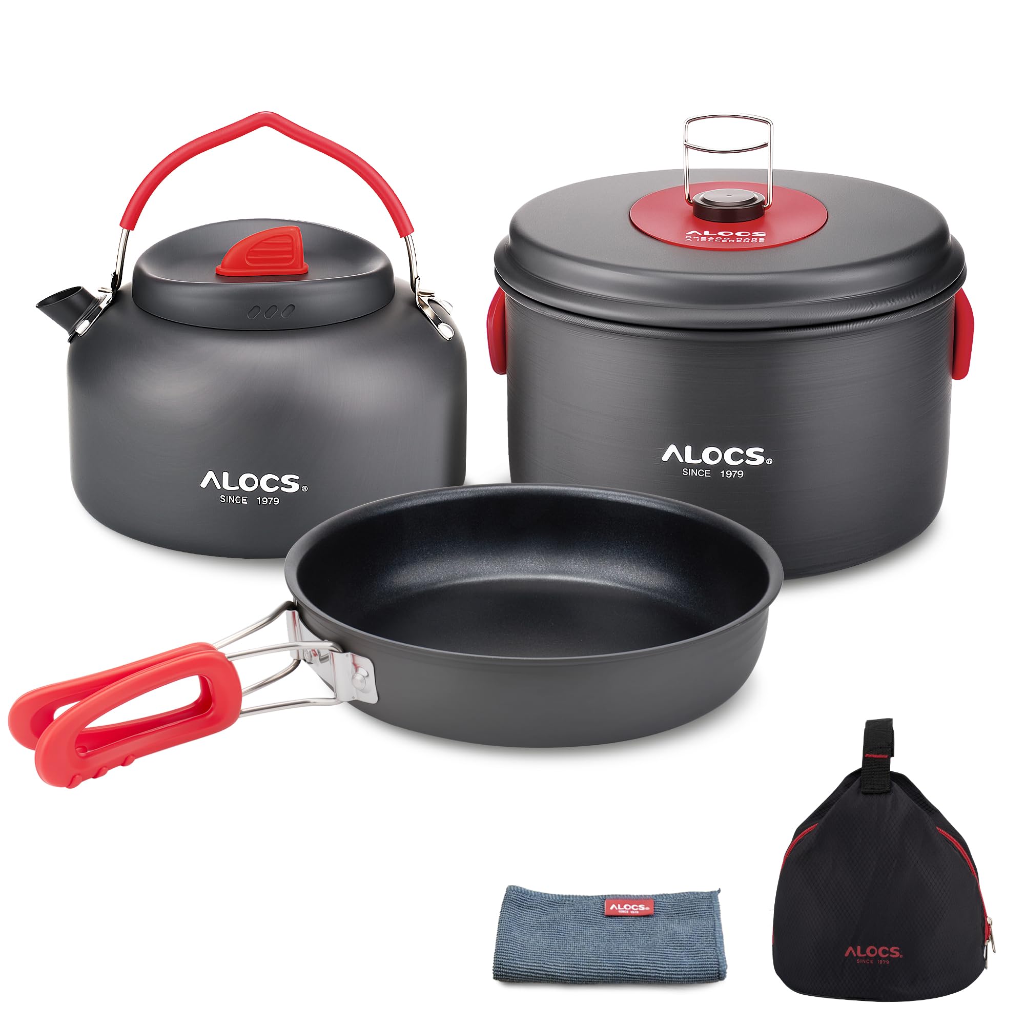 Alocs 5pcs クッカーセット 軽量コッヘル 直火対応 キャンプ 調理器具 【日本食品衛生法認証済み】折畳み式キャンプ 鍋 フライパン ア..
