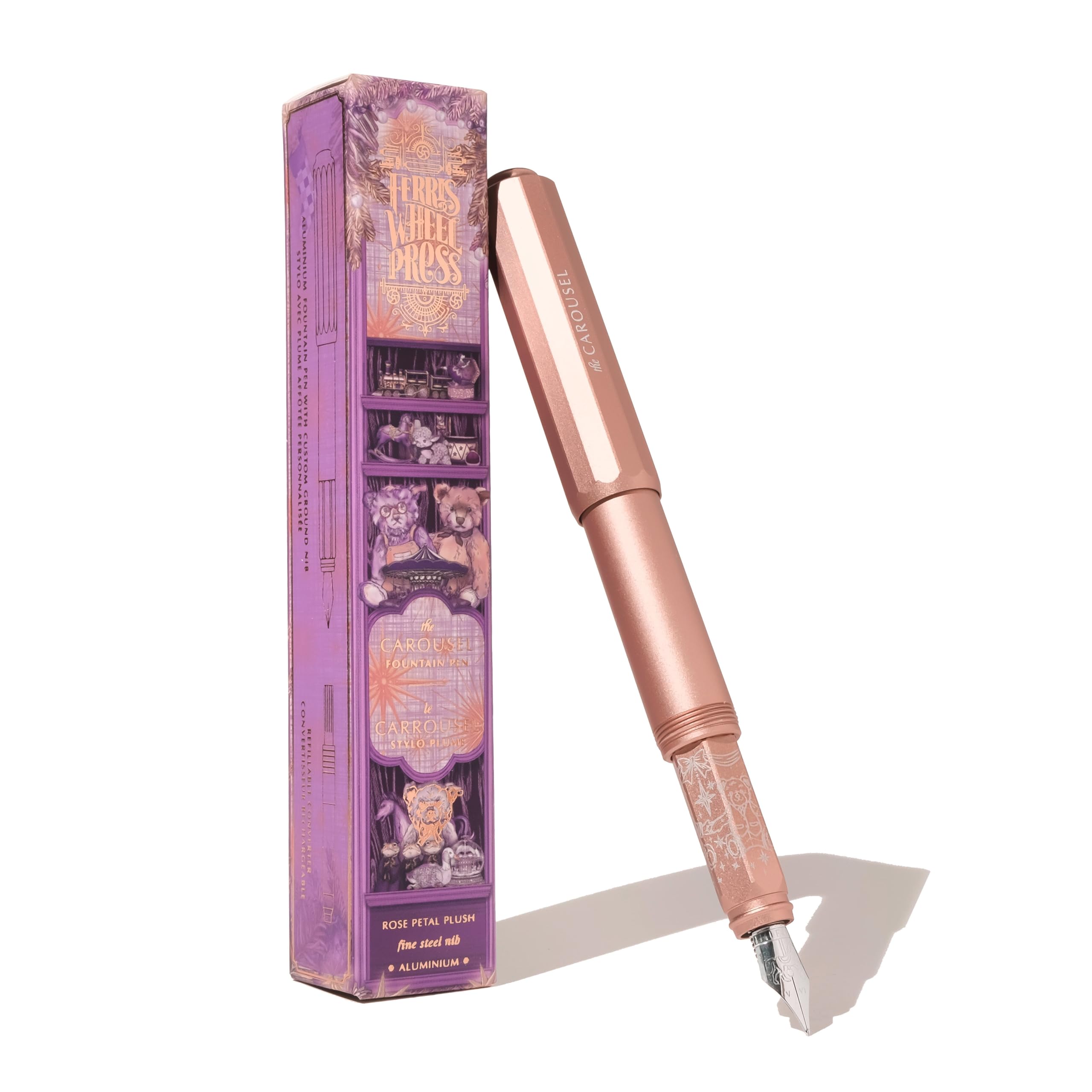 Ferris Wheel Press, Aluminum Carousel Fountain Pen, Rose Petal Plush, Aircraft grade aluminum body, Threaded cap with air seal s