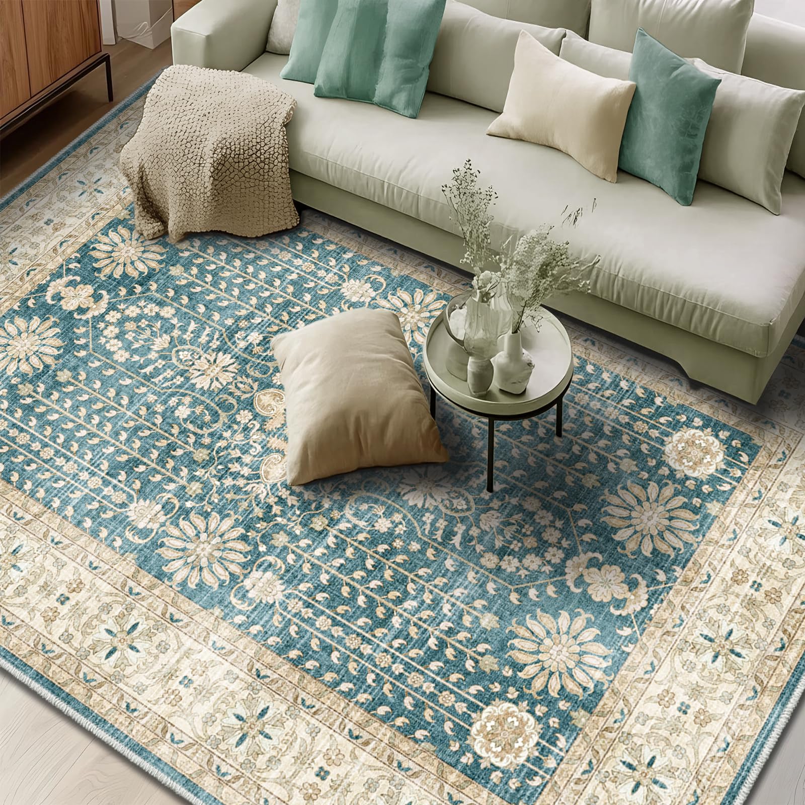 FORTSEA 洗える大判ラグ 丸洗い可能 230×320cm セージグリーン ペルシャ柄 アンティーク ヴィンテージ TPR 滑り止め 床暖房対応 軽量 折りたたみ収納 konanonline-10404163 湖南オンライン パッケージ画像