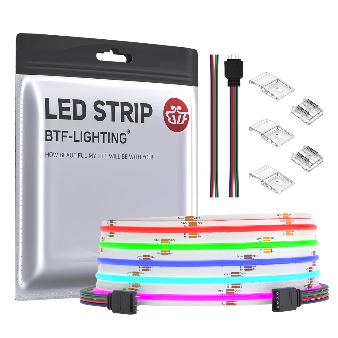 BTF-LIGHTING FCOB COB RGB LEDテープライト 高密度 フレキシブル LEDテープライト 5M 576LEDs/m 4PIN RGB 幅10mm ストリップライト DC24V 調光調色 変形可能 切断可能 寝室 キッチンホーム 屋内