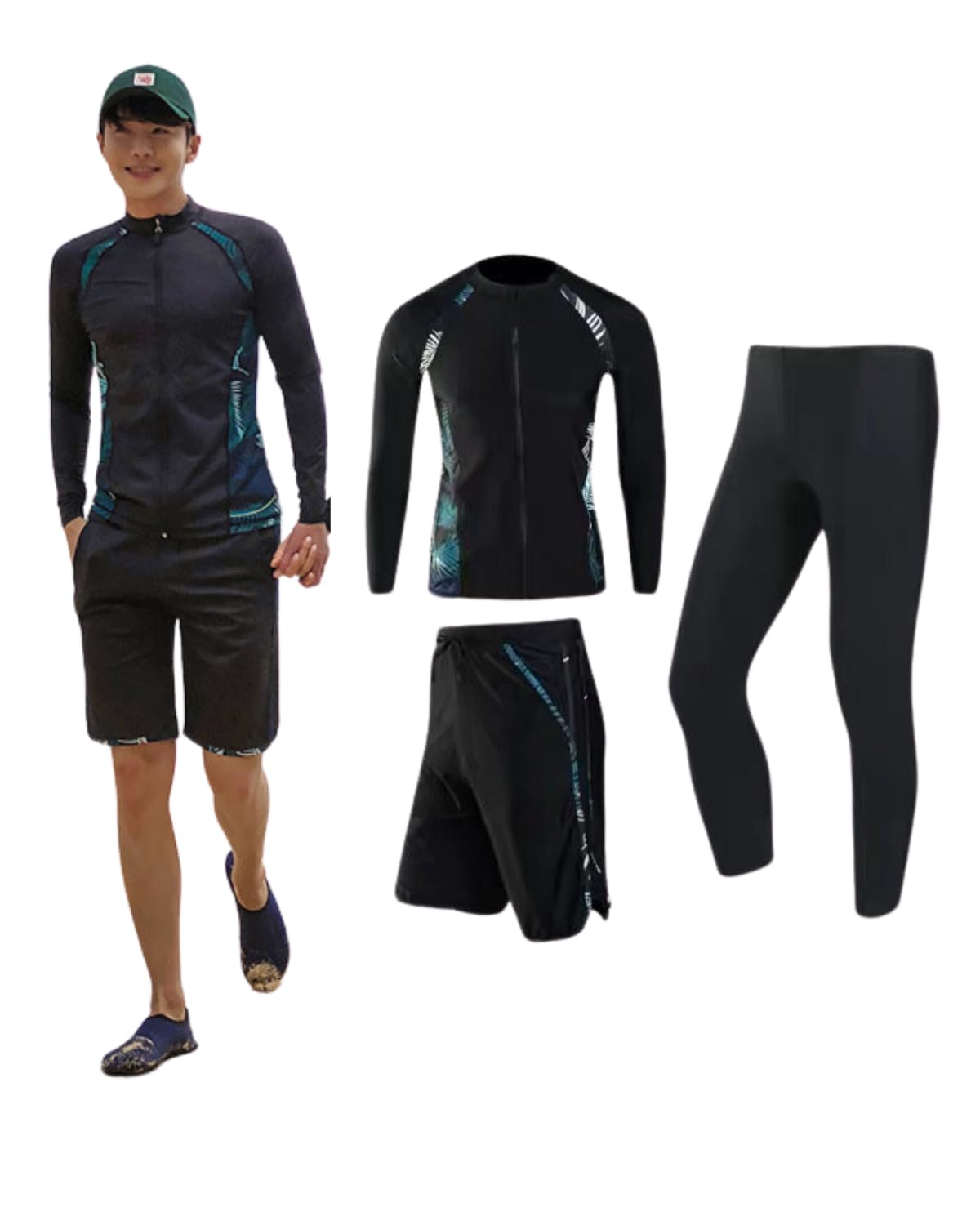 [xulee] ラッシュガード メンズ 水着 長袖 前開き サーフパンツ レギンス 3点セット ジップ アップ スイミング サーフパンツ レギンス ビーチ 水泳パンツ 温泉 通気性 [UVカット UPF50+・吸汗速乾] フィットネス 水陸両用 9826g