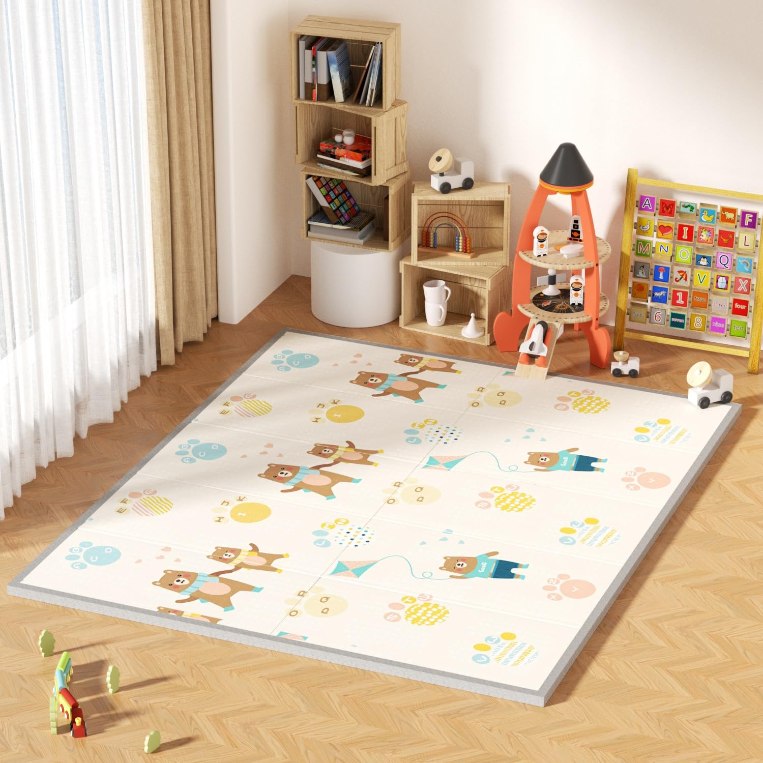 GruFini プレイマット 赤ちゃん 折りたたみ 180×155×1cm 厚手 安全検査済み ベビーマット 防水 防音 ベ..