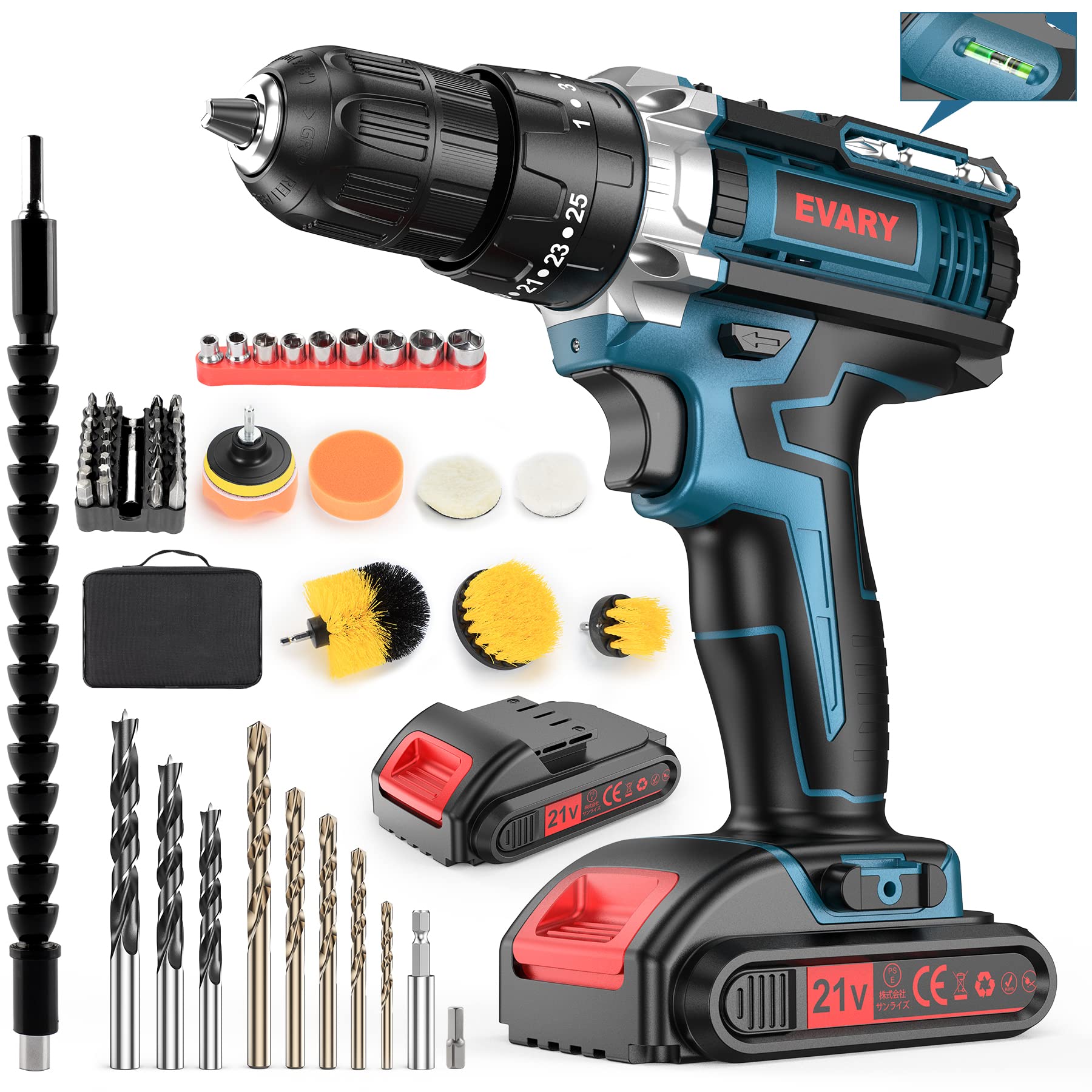 EVARY 電動ドライバー 21V 2000mAhバッテリー2個付き 最大42N・m 25+3段階トルク調節 電動ドリル 一台5..