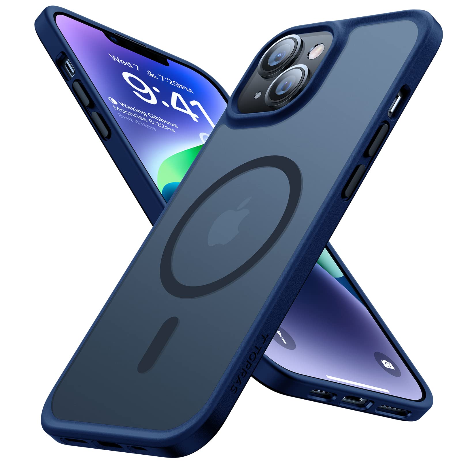 TORRAS iPhone 13/14 用 ケース【米軍保護工学・高精密Magsafe対応】マグネット搭載 耐衝撃 ワイヤレス充電対応 マグセーフ対応 黄変防止 半透明 マット 黄ばみなし ストラップホールあり Guardian-Mag ブルー