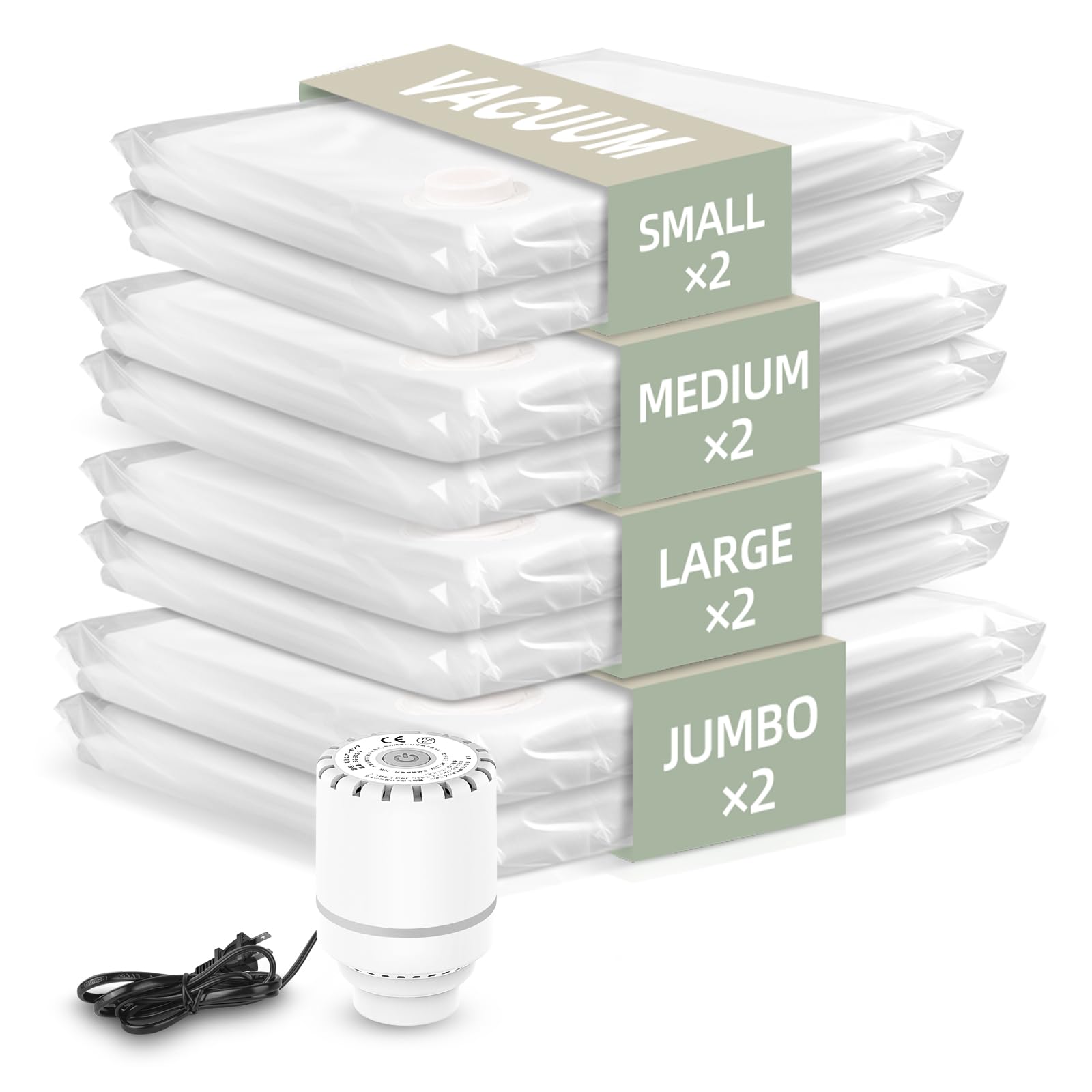 Vacbird 布団圧縮袋 掃除機不要 衣類圧縮袋 8枚セット 電動ポンプ付き 100×80cm 2枚/80×60cm 2枚/70×50..