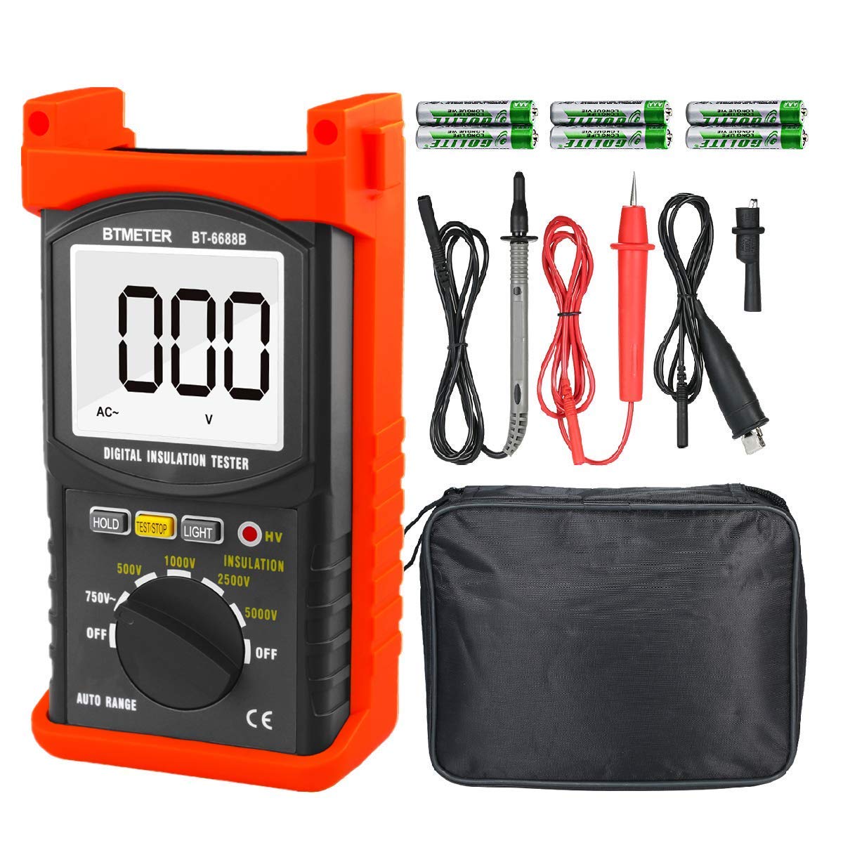 デジタル絶縁抵抗計 BTMETER BT-6688B 試験電圧5000V測定、最大750VのAC電圧、絶縁抵抗測定器200Gオーム、高電圧表示灯付き ★日本語取扱説明書付き★