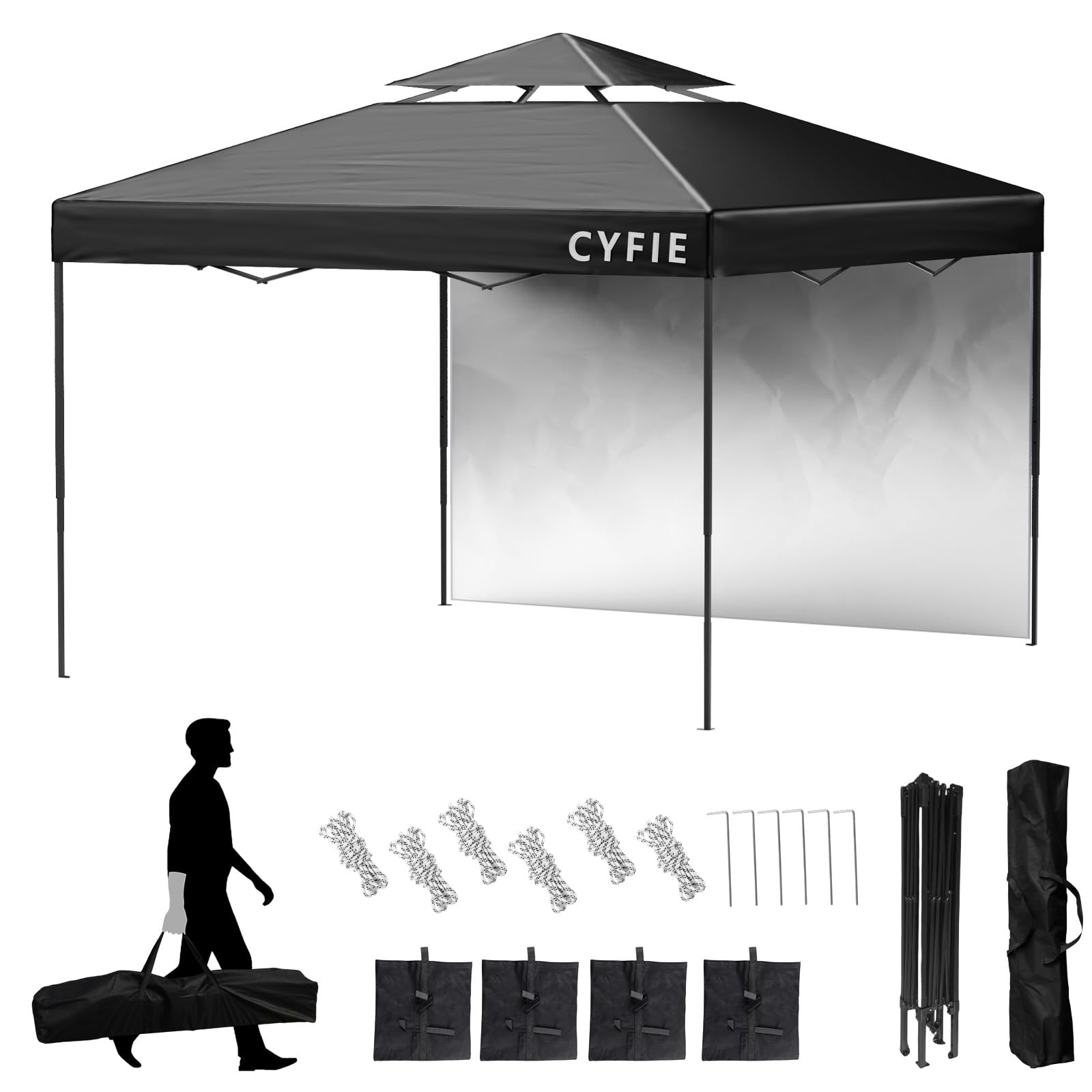 楽天湖南オンラインCYFIE タープテント ワンタッチ 3mx3m サイドシート 1枚付き ワンタッチ UVカット 耐水 スチール製 キャンプ ワンタッチテント 遮光 アウトドア用 遮熱 組み立て簡単 イベントテント 運動会 業務用 （ブラック, 3x3m サイドシート1枚