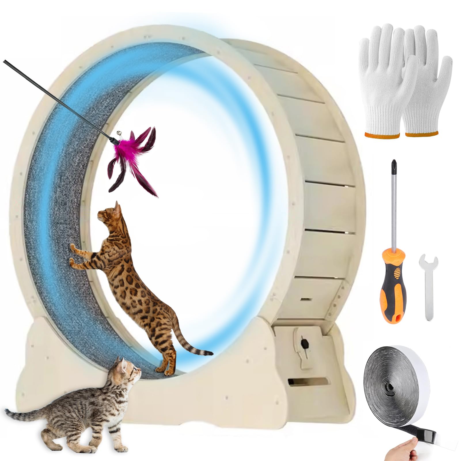 MIWOOYY キャットホイール 大型猫 回し車 100cm - 屋内猫用の天然無垢材の猫ルームランナー、ロックと..