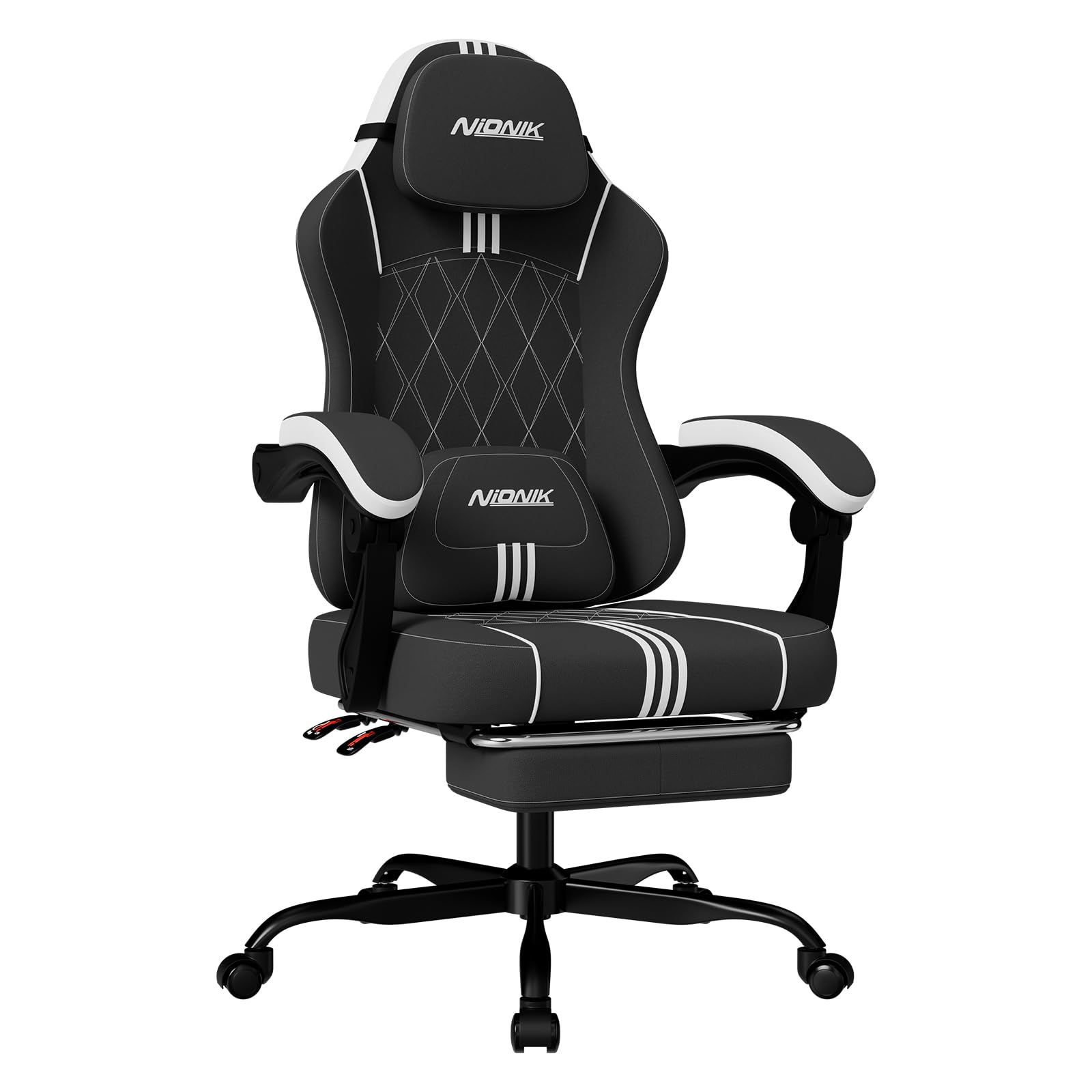 NIONIK ゲーミングチェア ファブリック オットマン付き オフィスチェア デスクチェア 通気性 テレワーク 疲れない 椅子 人間工学設計 連動式アームレスト 145°リクライニング パソコンチェア 幅広座面 座り心地よい 高耐久性 ゲーム用チェア ヘッ