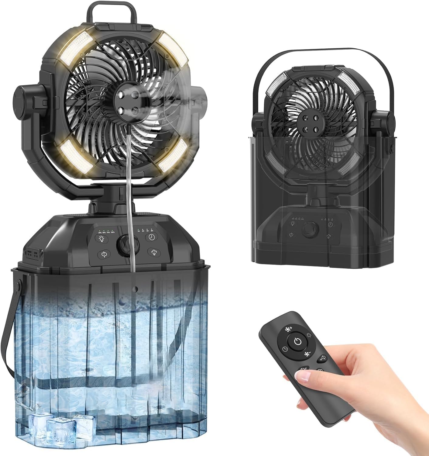 楽天湖南オンラインYOIbuy PRO 充電式 ミストファン 卓上扇風機 キャンプ用 LED照明付き 自動首振り リモコン付き タイマー付き 静音モータ USB出力付き タイプC充電 加湿器 サーキュレーター 防災グッズ アウトドア用品 熱中症対策 PSE認定品 YMF-0