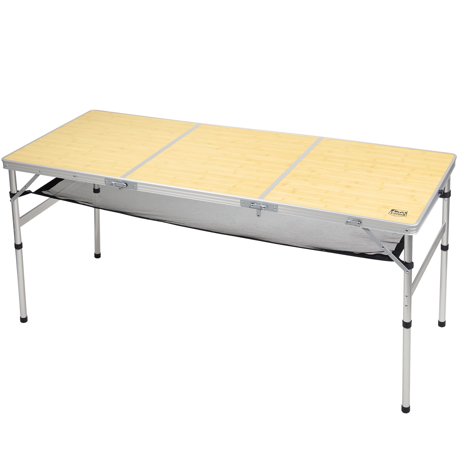 楽天湖南オンラインTIMBER RIDGE キャンプテーブル アウトドア テーブル コンパクト 折りたたみテーブル 高さ2段階調整可能 三つ折り 150X60cm キャンプ用 ピクニック レジャー バーベキュー アルミ製 ファミリーサイズ 簡単組立 木色