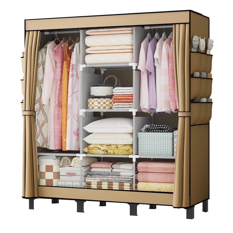 大容量ポータブルワードローブ、カーテン付き収納クローゼット、サイドポケット付き、3段シェルフ、衣類・寝具整理用、簡易クローゼット、は幅130 cm、奥行き45 cm、高さ172 cmで (こめいろ)