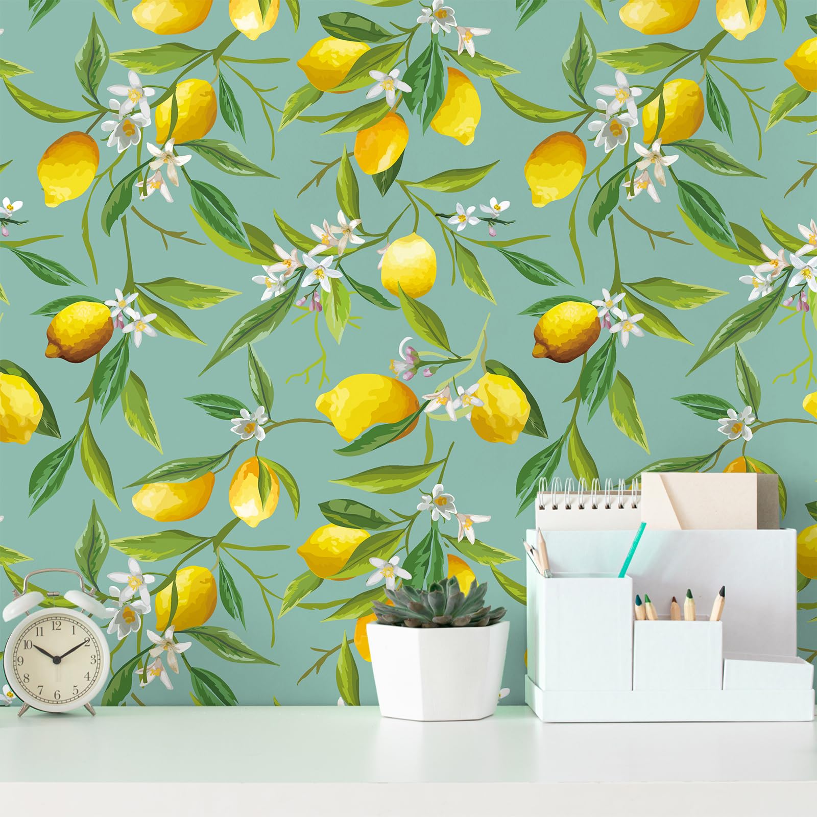 VEELIKE 花柄 リメイクシート 壁紙シール クロス 45x900cm ブルーxイエロー レモン柄 シールタイプ 壁..