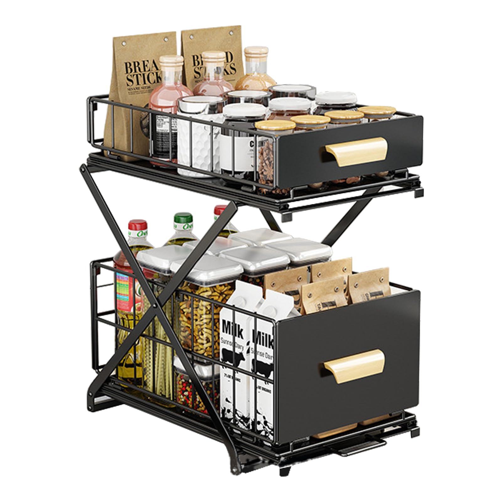 楽天湖南オンラインシンク下 収納、キッチン下収納 2段、幅26CM 奥行き40cm（ハンドル含む43.5cm） 高さ32.5-43.5CM 設置不要のキッチンシンク調味料収納ラック多機能オイルボトル引き出し収納アーティファクトキャビネット収納棚（ブラック）