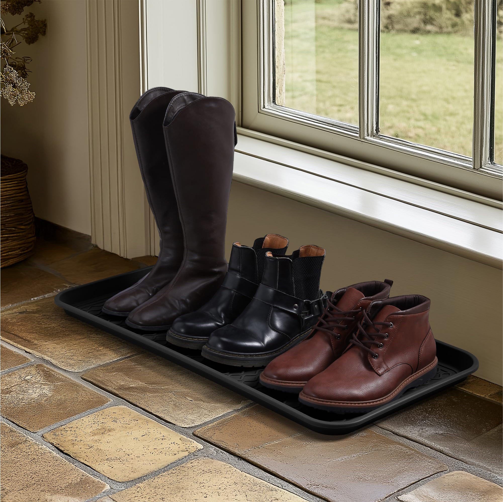 Navaris シューズトレイ 3個セット トレー シューズ入れ - 靴 収納 足置き 靴置き ラゲッジマット - 車 マット 受け皿 ラゲッジトレイ - 靴収納 76x38cm 黒