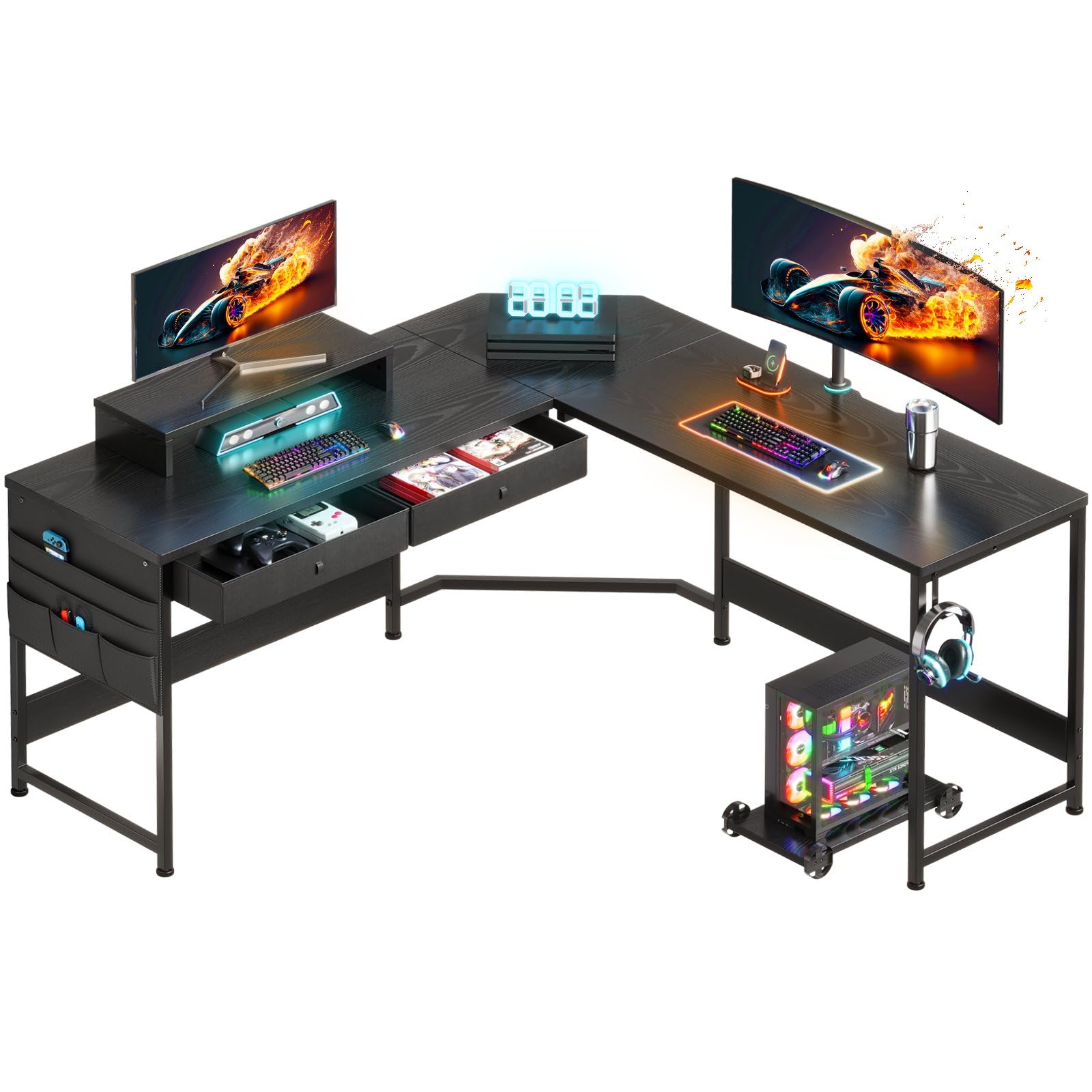 YeTom ゲーミングデスク125cm x 125cm l字デスク pcデスク収納袋付き学習机 作業机引き出し付きデスク L字型 PC 勉強机 作業 在宅勤務 黒い