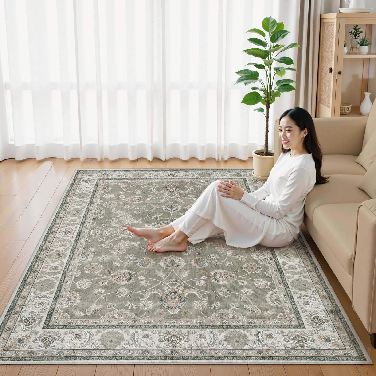 Kiretto - HAOCOO カーペット 200х250cm 3畳 滑り止め ペルシャ風 ラグ 洗える オールシーズン適用 花柄 防音 耐磨耗性 軽量 抗菌防臭 リビング ダイニング アンティーク ラグマット モスグレー
