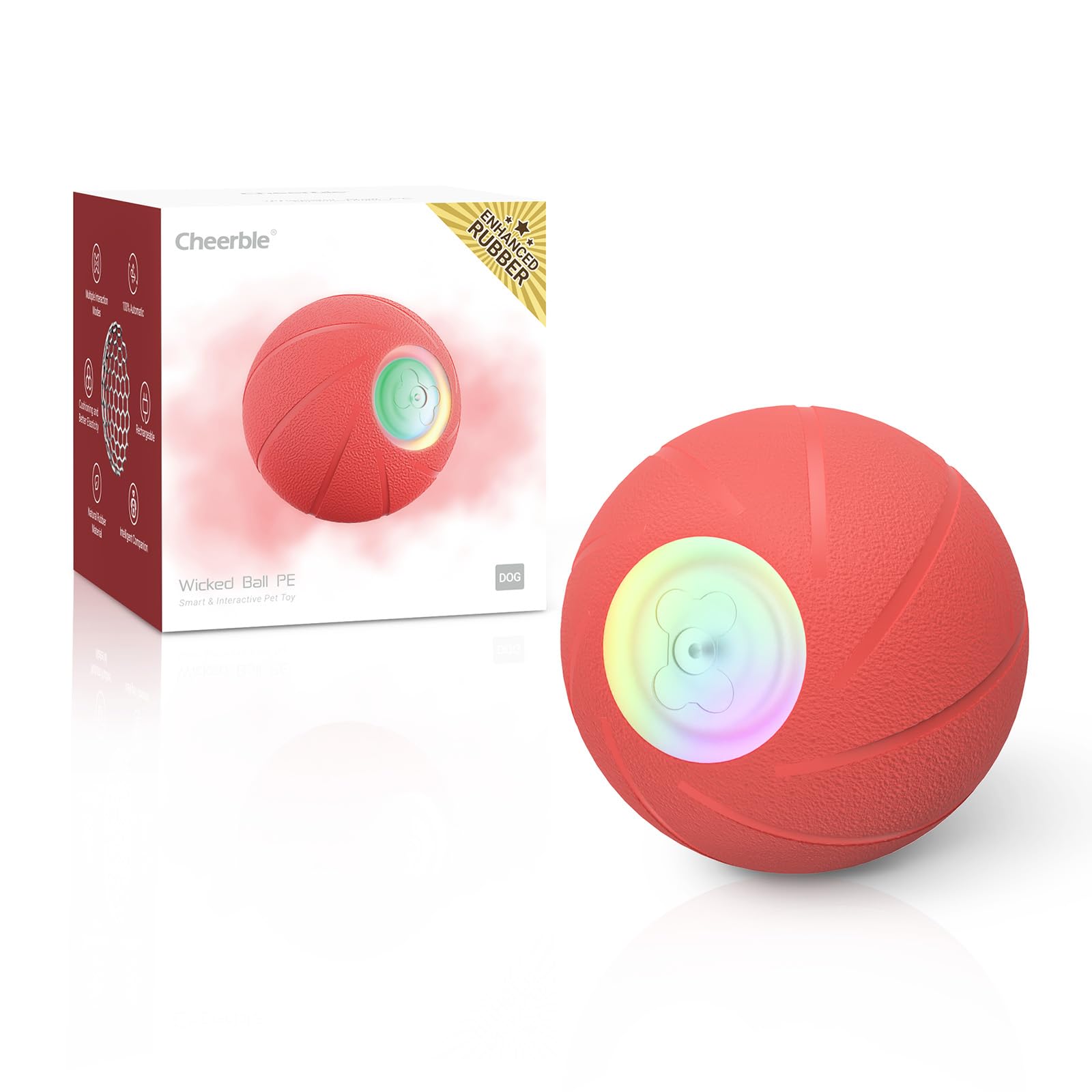 Cheerble 犬ボール 強化型 犬おもちゃ 自動 ウィキッドボール インタラクティブおもちゃ 3モード選択可能 天然ゴム製 安全材料 DC2.5充電式 ストレス解消 お留守番に 運動不足対策 中大型犬に適用 (PE レッド)