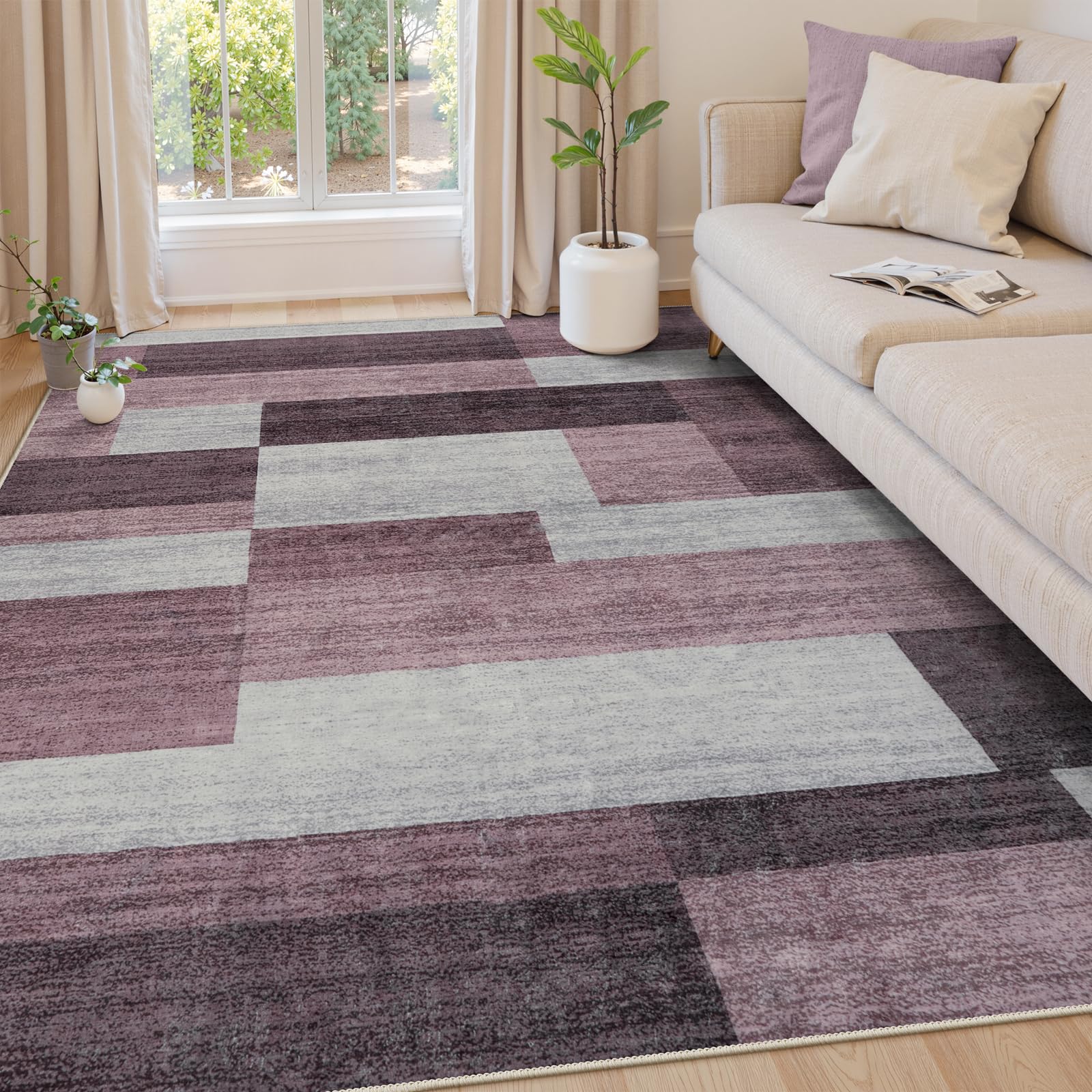 HAOCOO カーペット 3畳 洗える 200X250cm ラグ 春 夏用 北欧風 モダン ふわふわ 滑り止め 防音 抗菌防臭 室内用 長方形 ラグマット オールシーズン適用 モザイク カラーマッチング ピンク