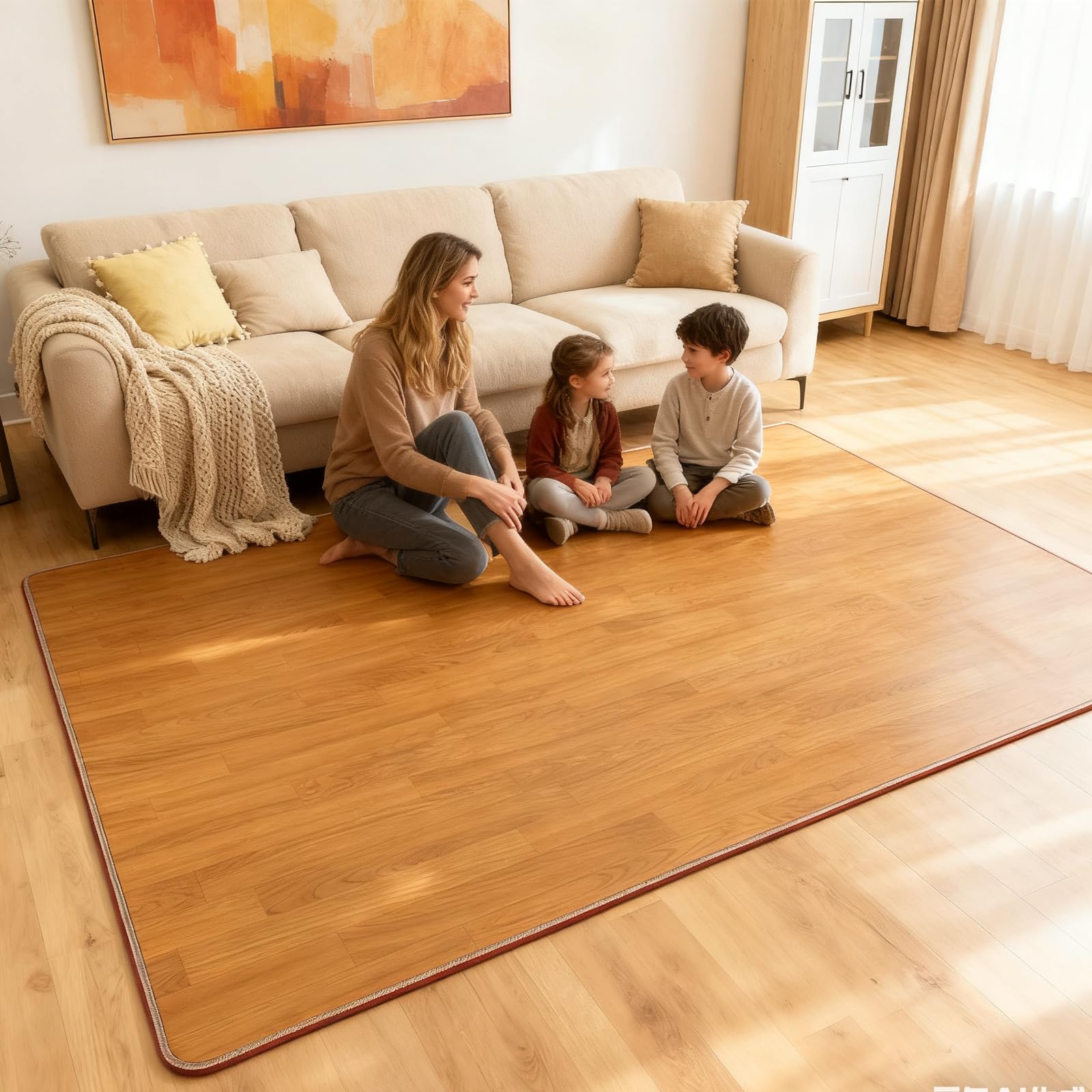 NujorWarm グラフェン 電気ホットカーペット 150x200cm 木目調PVC表面カーペット 60段階温度調節 タイマー付き 足元暖房 リビング、オフィス、学習室、ゲームルームに適しています 速暖、洗いやすく、防水、異臭がなく、過熱保護 SZMW0(3.0)