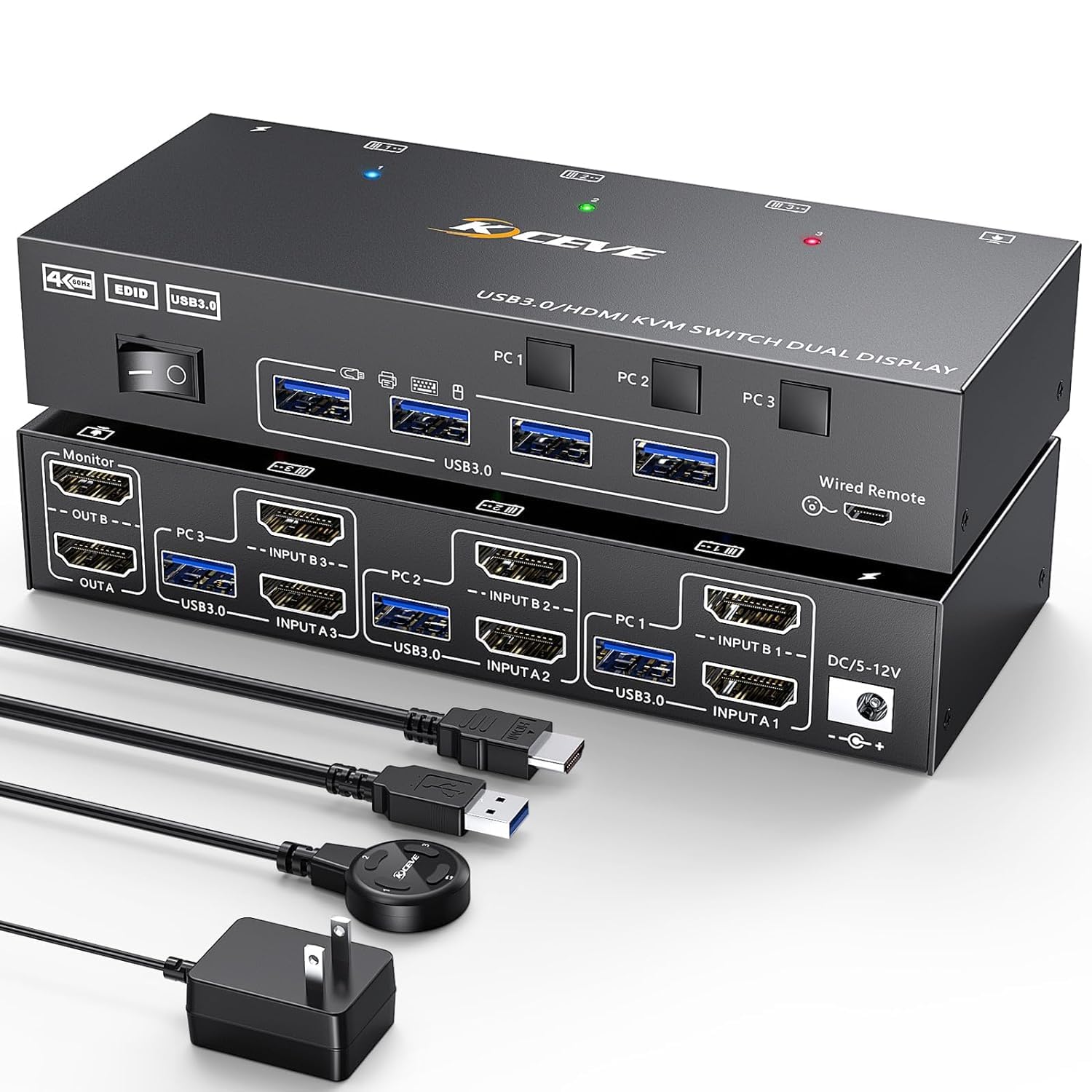 KCEVE HDMI USB3.0 KVM切替器 4K@60Hz 2K@120Hz デュアルモニタ 4つのUSBポート EDID保持 KVM切替器 1組のキーボード、マウスで、PC3台、モニター2台共有 手元スイッチ付き