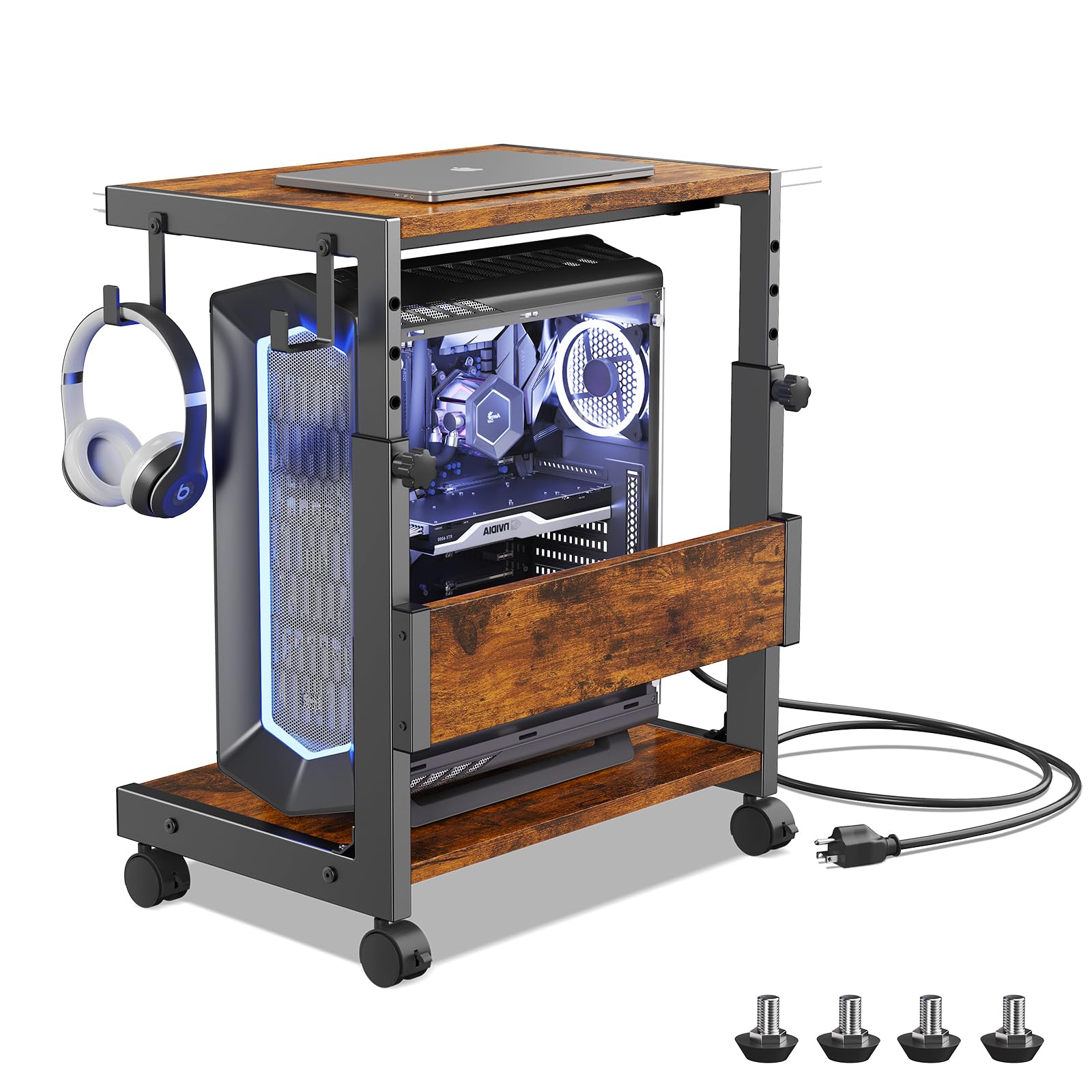 CPUスタンド PCラック パソコンラック 高さ調節 コの字型サイドテーブル キャスター付き 昇降式テーブ..