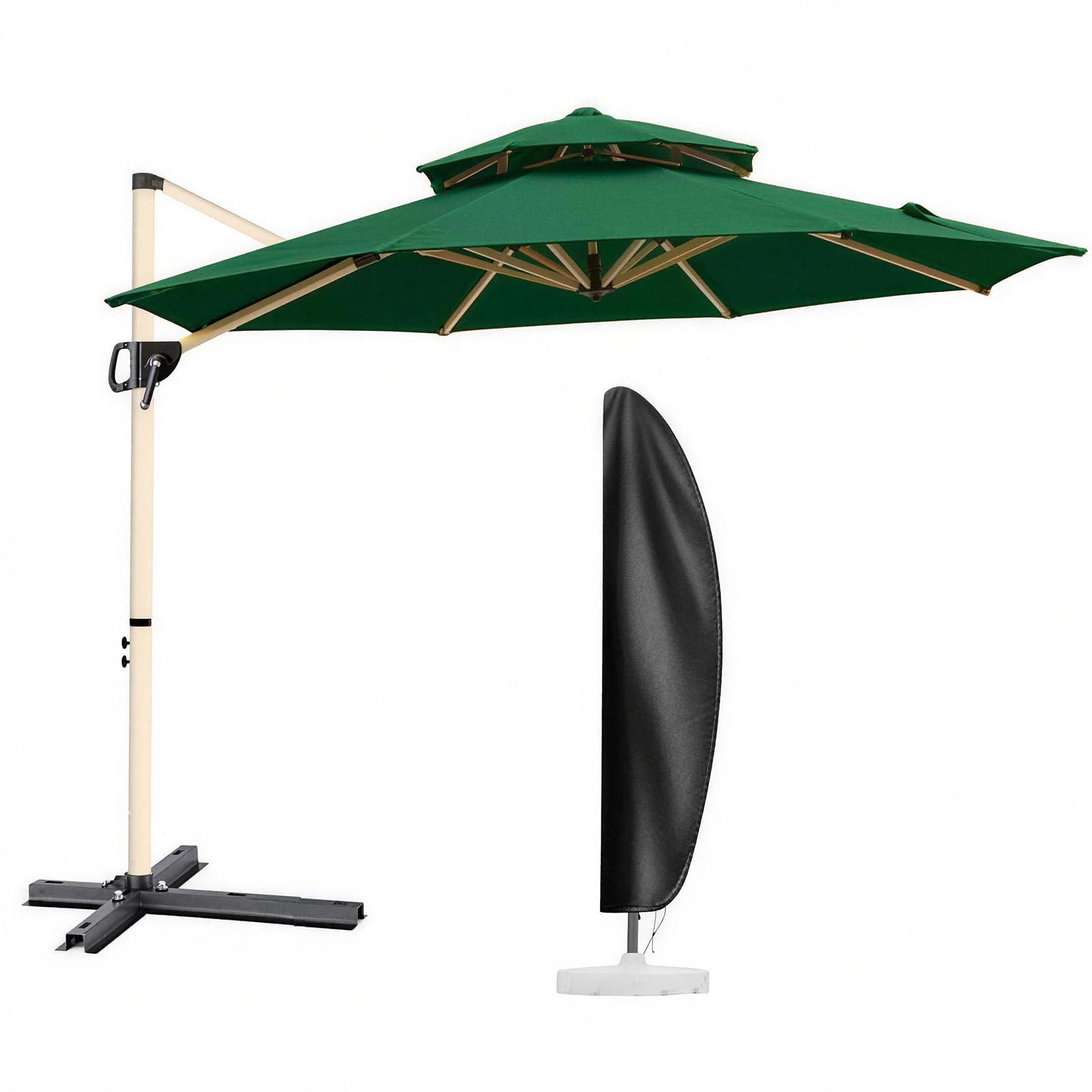 MAYAMI-Home ガーデンパラソル 大型 270cm／300cm ハンギングパラソル 二層通気 防風 UVカット 撥水 角度調整 360°回転 パラソルカバー付き ベース別売 屋外 庭 テラス カフェ用 (濃い緑色, 270cm)