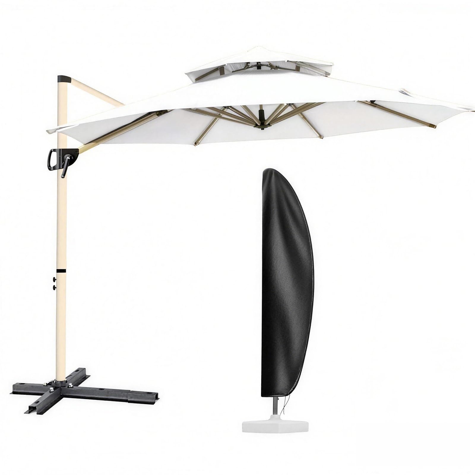 MAYAMI-Home ガーデンパラソル 大型 270cm／300cm ハンギングパラソル 二層通気 防風 UVカット 撥水 角度調整 360°回転 パラソルカバー付き ベース別売 屋外 庭 テラス カフェ用 (オフホワイト, 270cm)