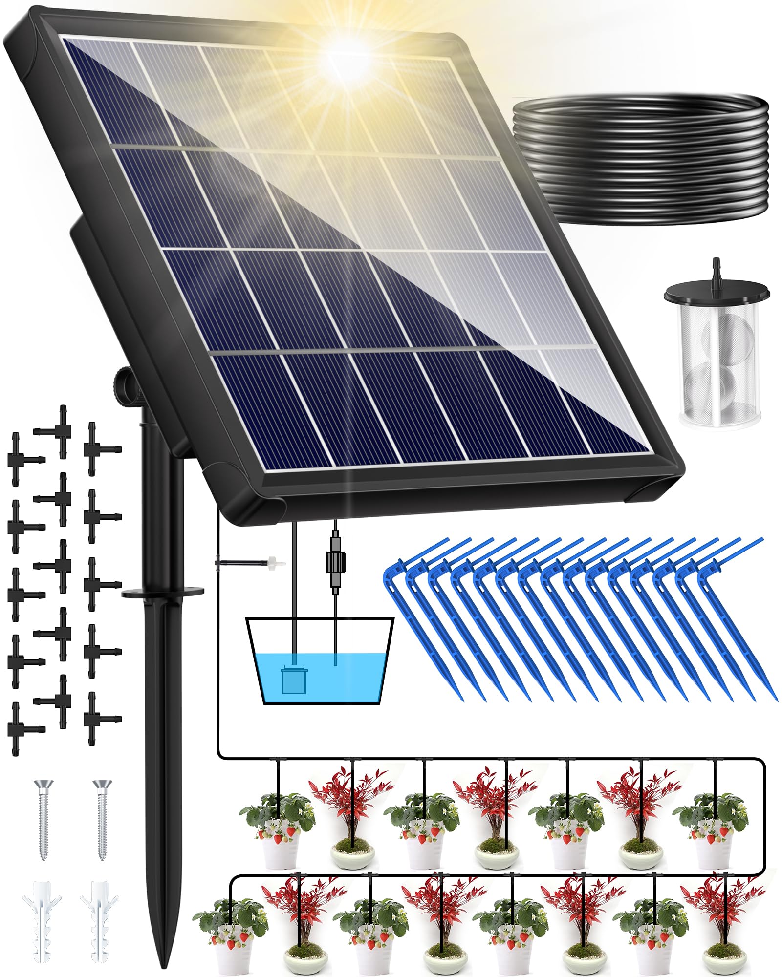 NFESOLAR 自動散水タイマー 自動水やり 植物 自動 給水器 15鉢対応可能 給水システムタイマー装置 留守 自動水やり ビオトープ ドリップ散水システム盆栽 水やり当番 庭園 花植 木鉢 ガーデニング 15mホース付き ソーラー エアーポンプ 式