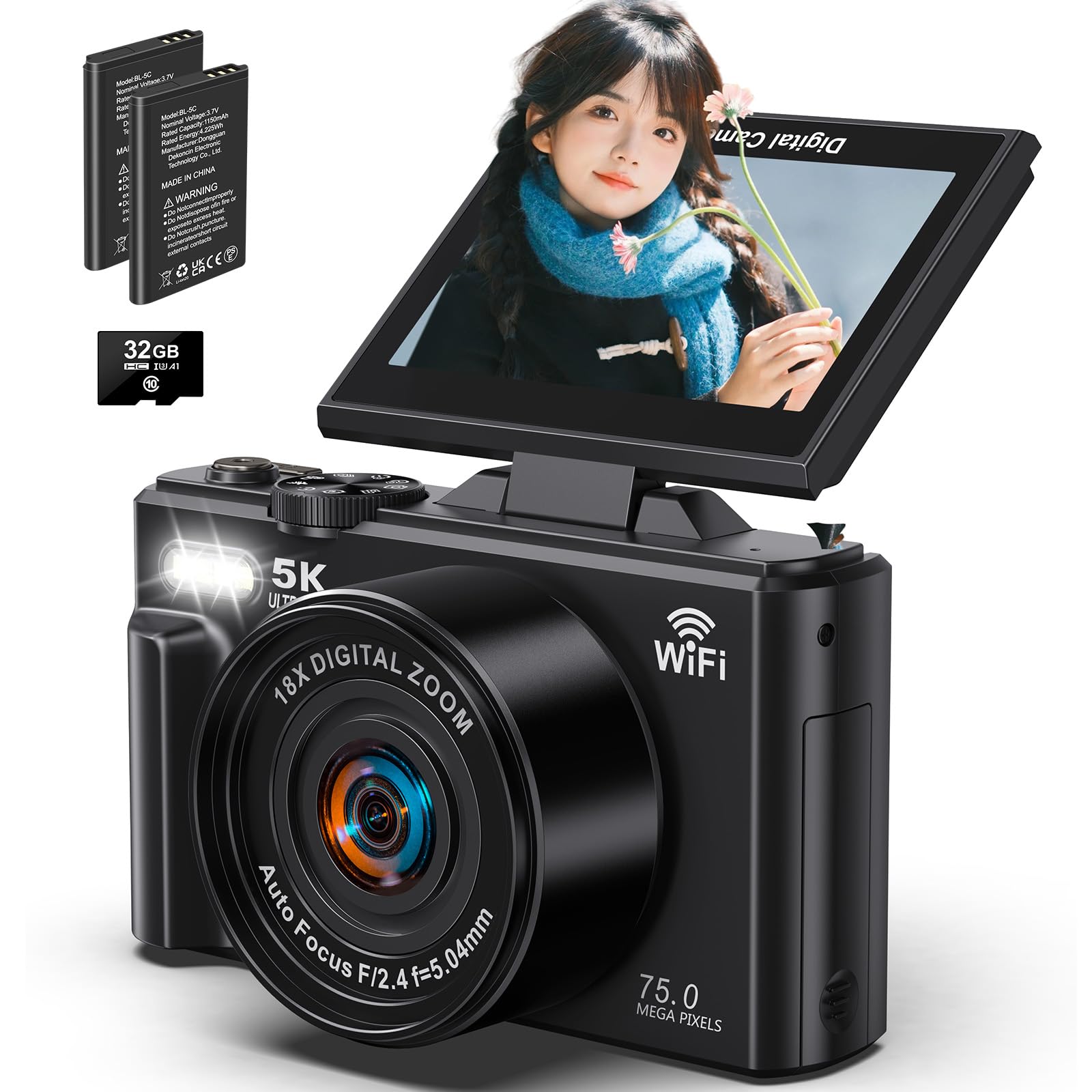 デジタルカメラ 5K 7500万画素 デジカメ スマホに送れる WIFI 180度回転可能ディスプレイ オート18倍デジタルズーム フォーカス 連続撮影 自撮り 3.0インチスクリーン 携帯便利 ポケットカメラ 学生 初心者 修学旅行 Vlog 小型 コン