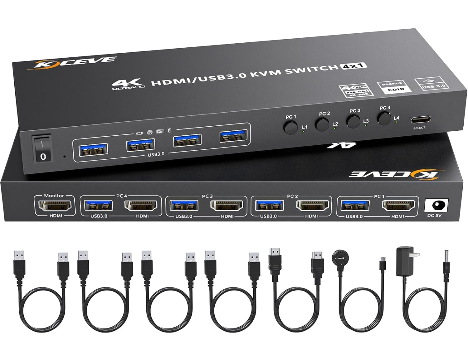 KCEVE HDMI USB3.0 KVMスイッチ 4入力1出力、4K@60Hz対応 EDIDエミュレーション搭載、USB3.0ポート×4、4台PCと1台モニター切替、キーボード マウス共有、ドライバー不要、手元スイッチ付き