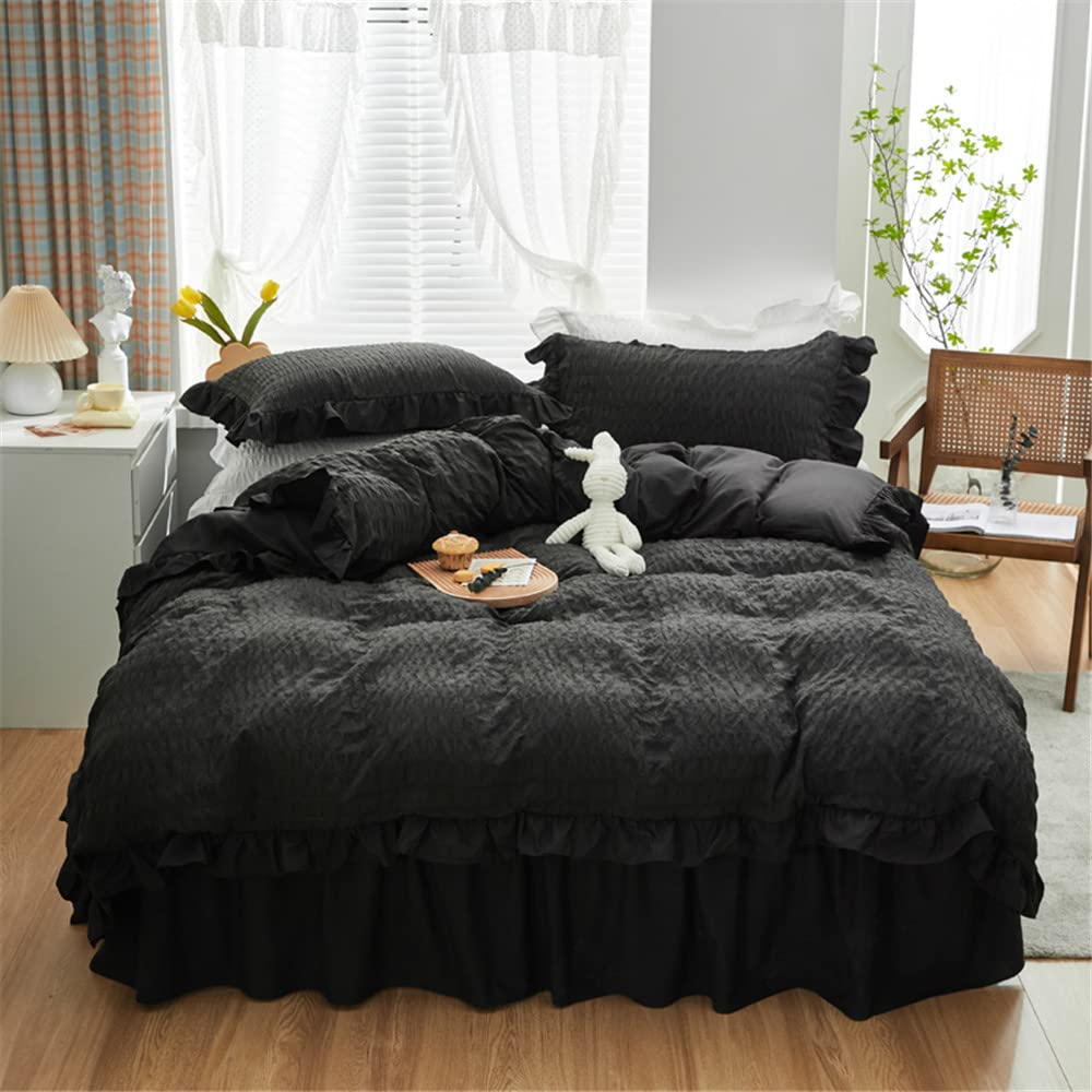 LAIKOR 寝具カバーセット ふとんカバー 掛け布団カバー 敷き布団カバー ベッドスカート オールシーズン シンプル 洗える 高密度 活性プリント シングル 洗える ベット用セット 寝具カバー 活性プリント おしゃれ ズレ防止 水洗い加工 レース 北欧風